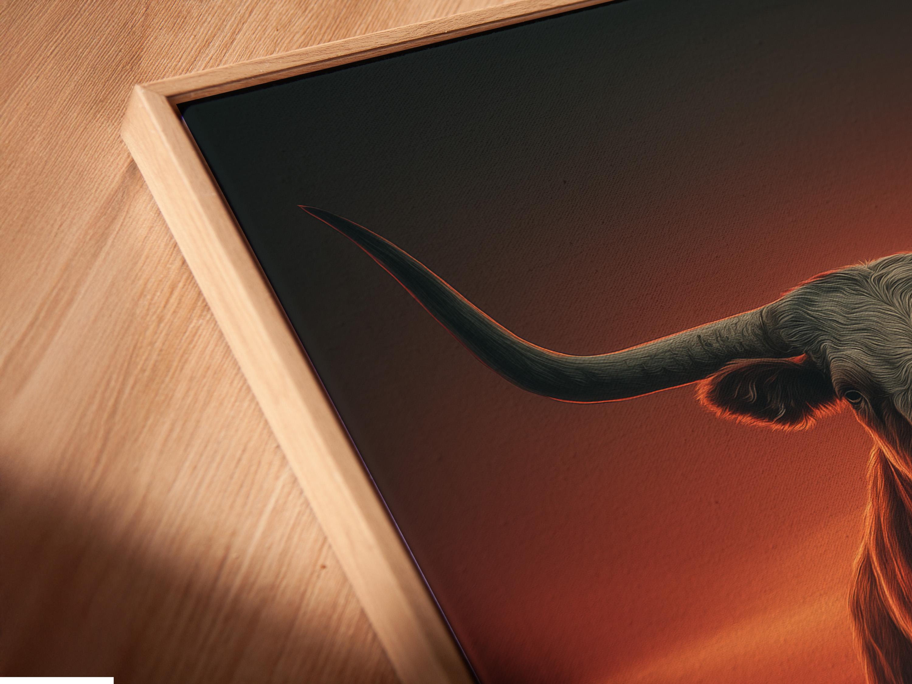 Room mockup showing a framed longhorn bull artwork with a sunset background