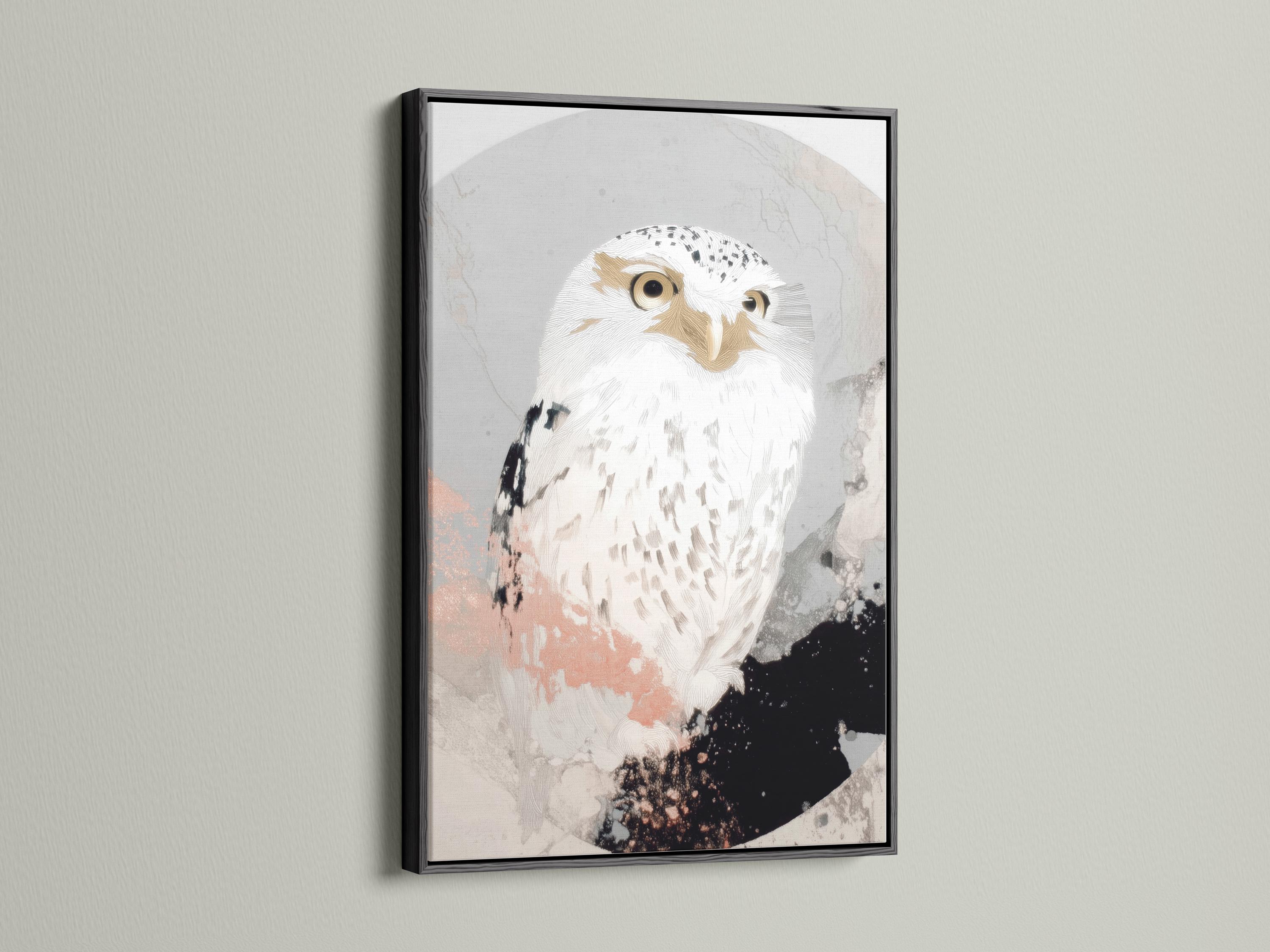 Neutral abstract owl portrait artwork with beige feathers and black speckled accents detail view