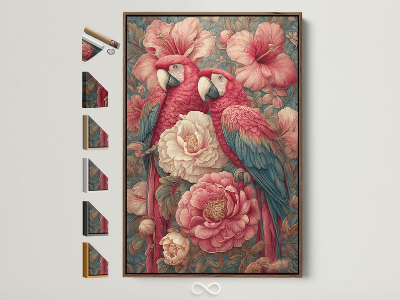 Two red parrots with pale beaks perched among pink and cream flowers and teal foliage