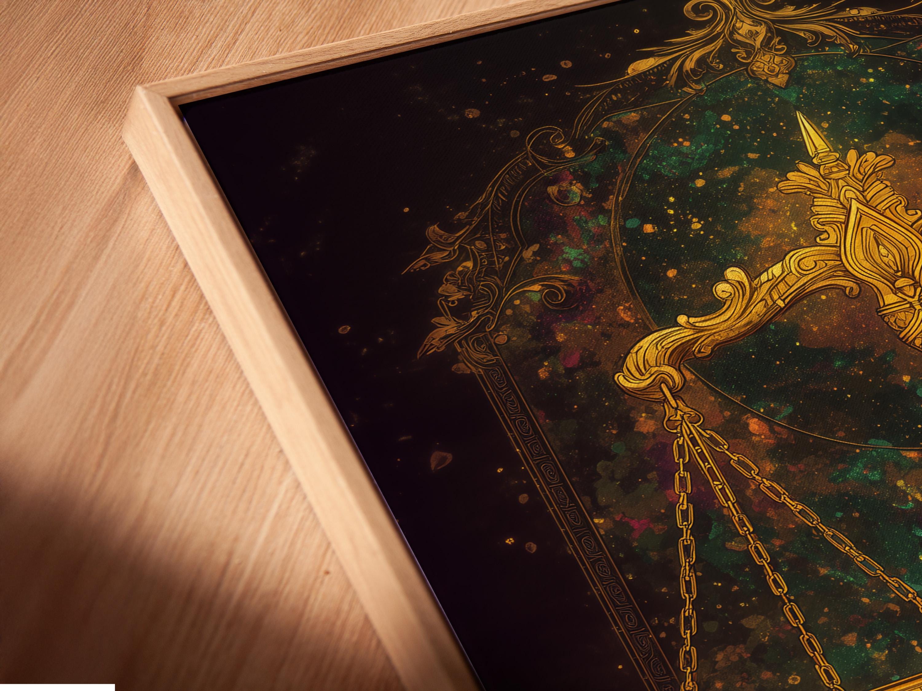 Mockup showing ornate golden balance scales artwork on a wall