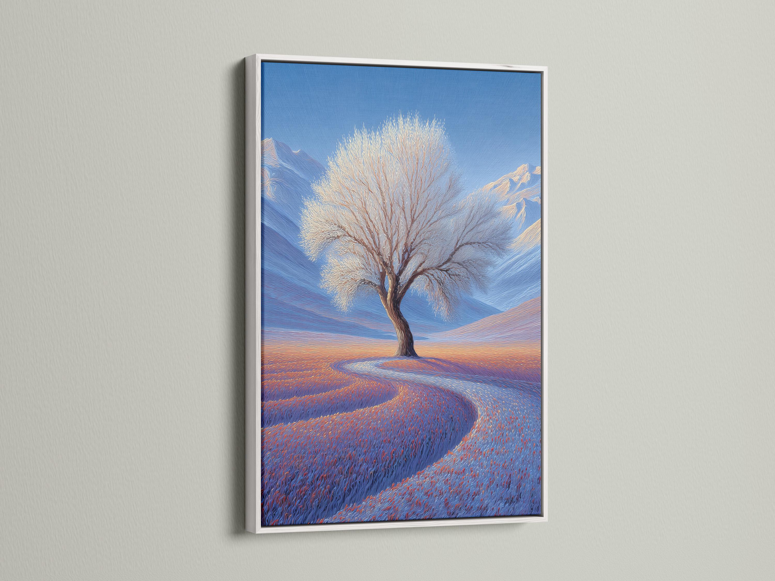 Lone leafless tree in a blue winter landscape with snowy hills and a warm orange horizon glow detail view