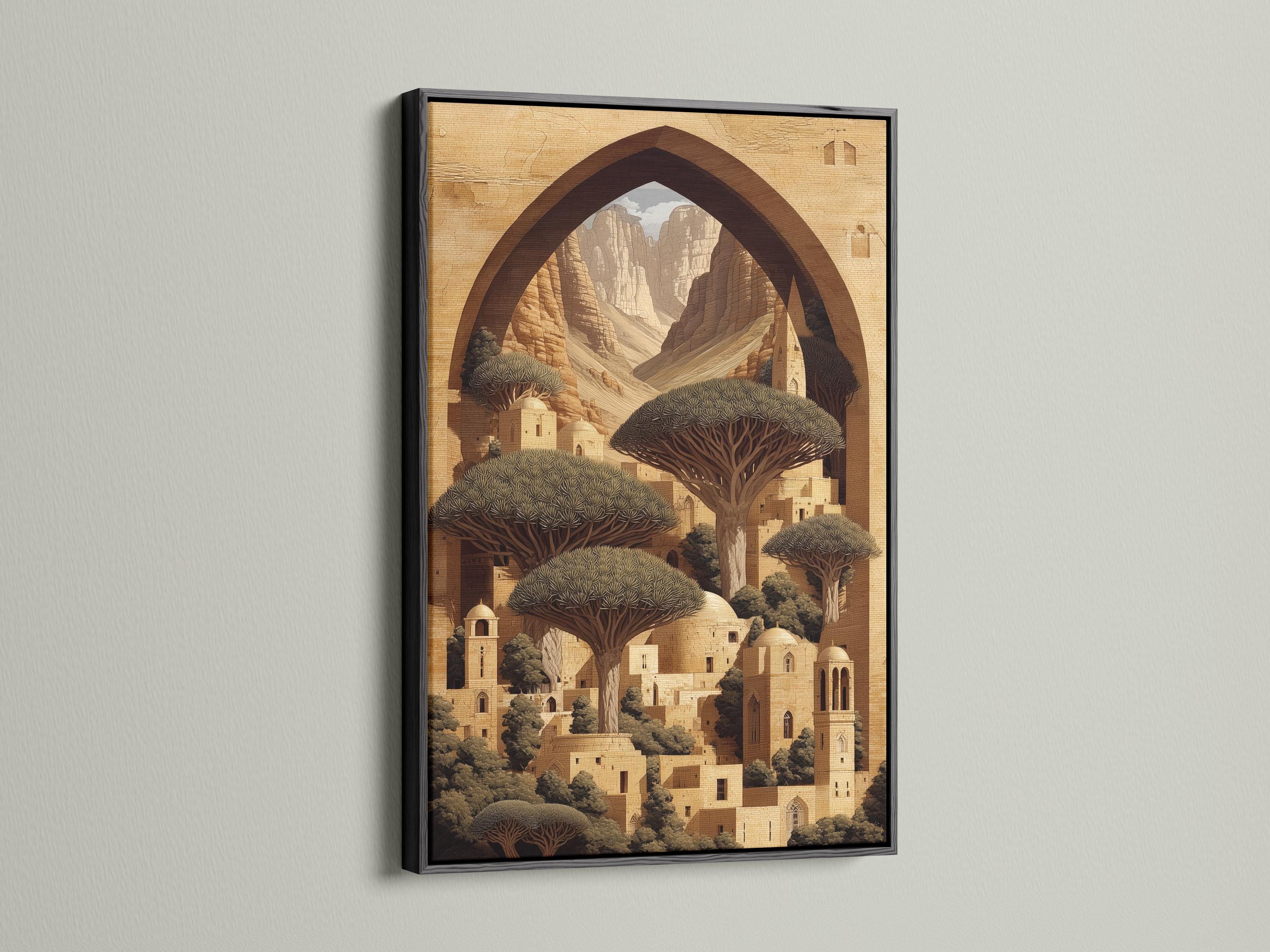 Desert oasis architecture scene with a central arch framing mountains, domes and dark tree canopies detail view