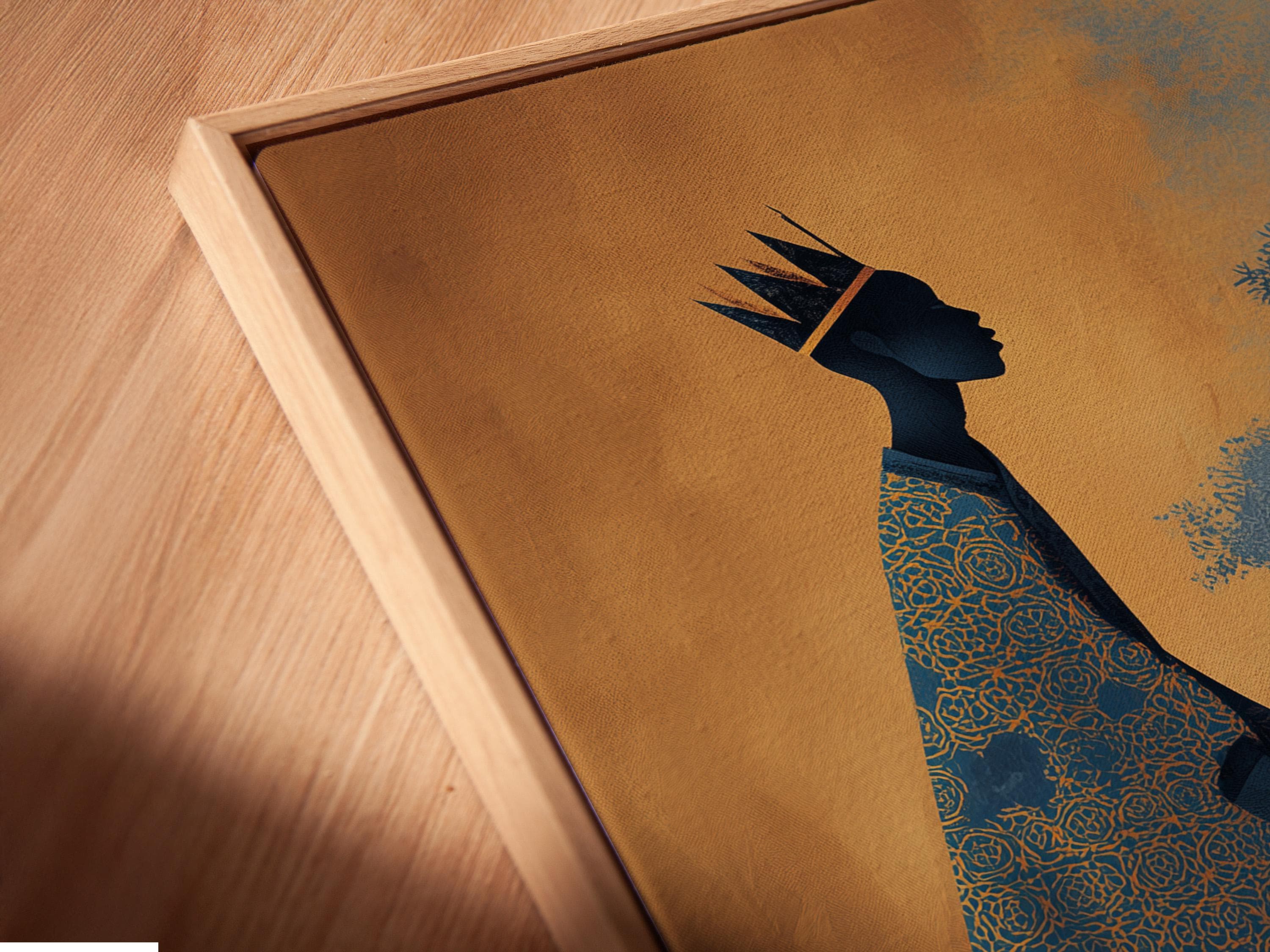 Crowned woman silhouette with camels in a gold and navy desert scene detail view