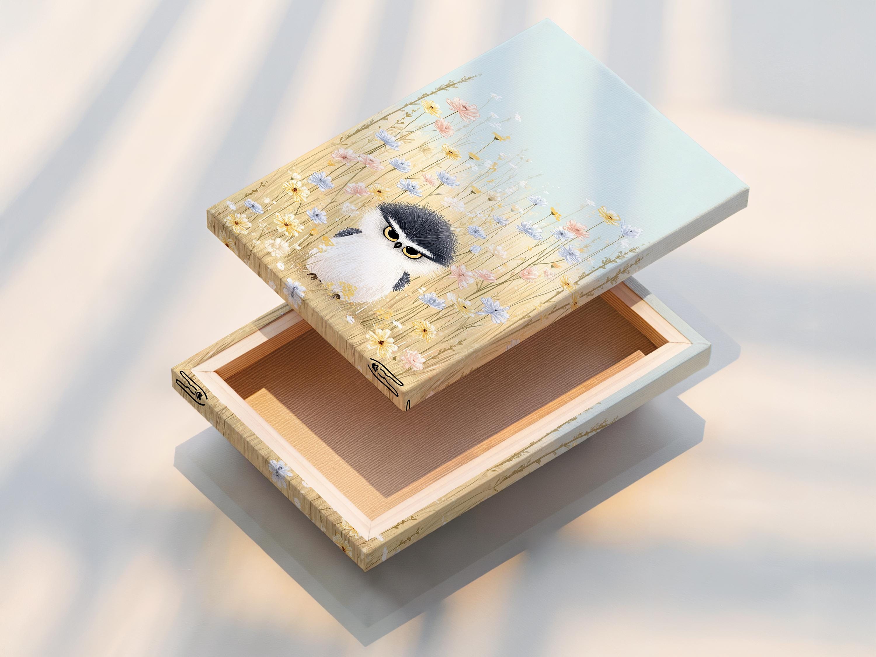 Room mockup showing an artwork with a whimsical owl in a pastel wildflower meadow