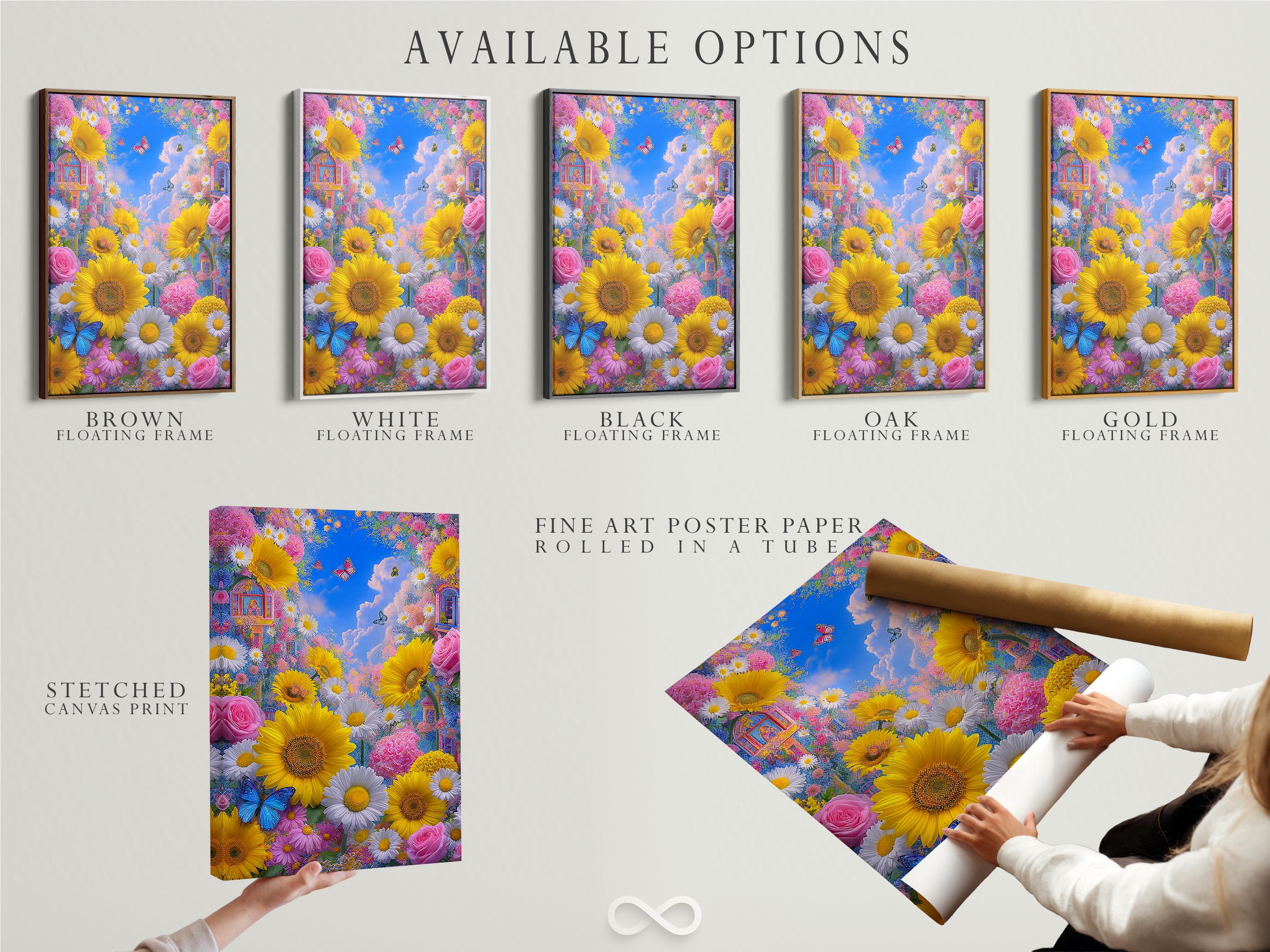 Floral garden scene with sunflowers, daisies, pink roses, blue butterflies and a blue clouded sky detail view