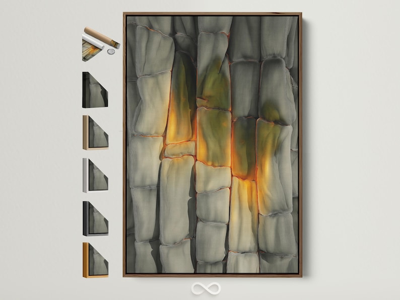 Abstract stone-texture artwork with cool grey blocks and warm beige-gold highlights in a rectangular frame