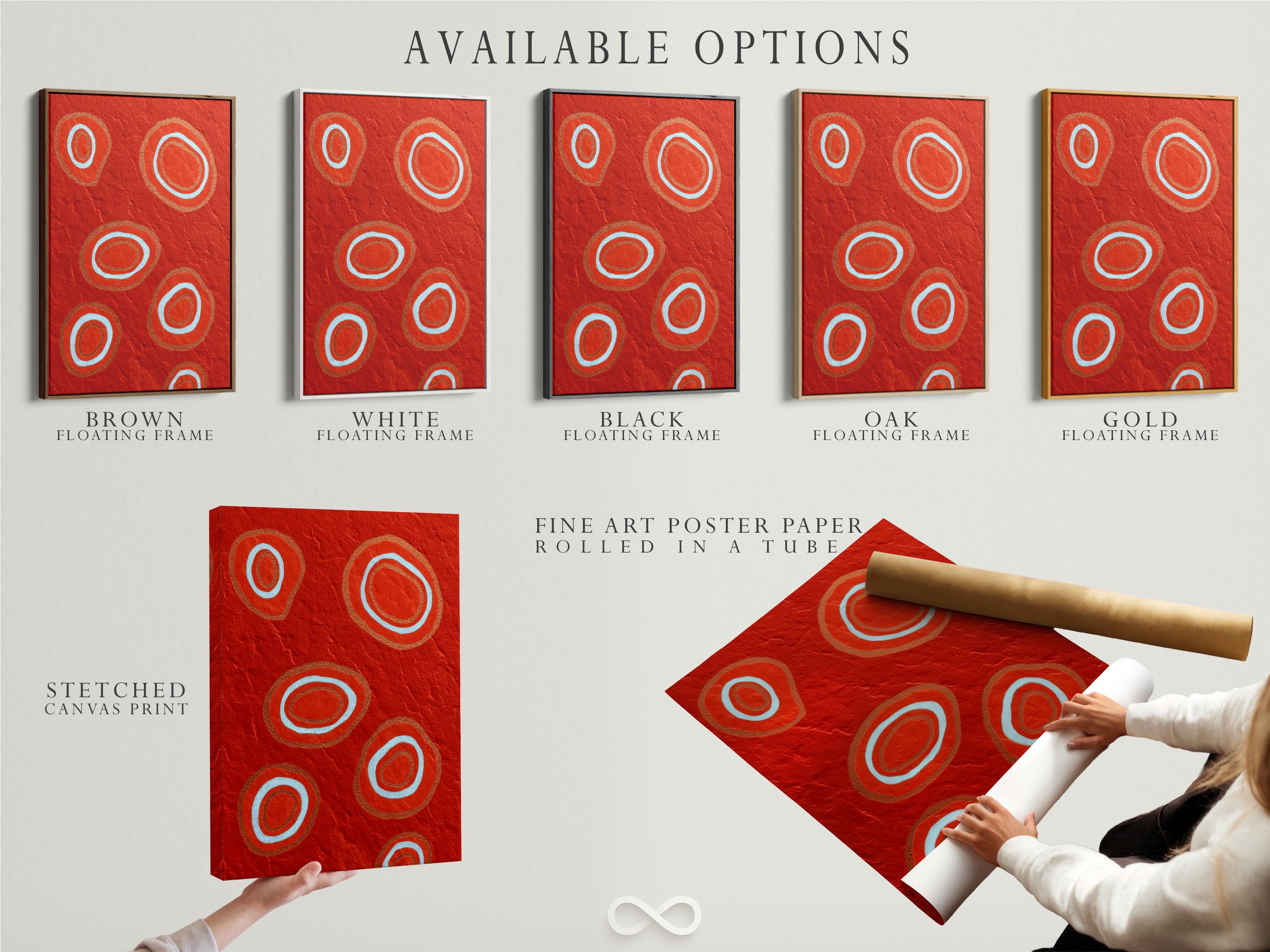 Room mockup showing a red abstract artwork with concentric circle motifs in pale blue and copper tones