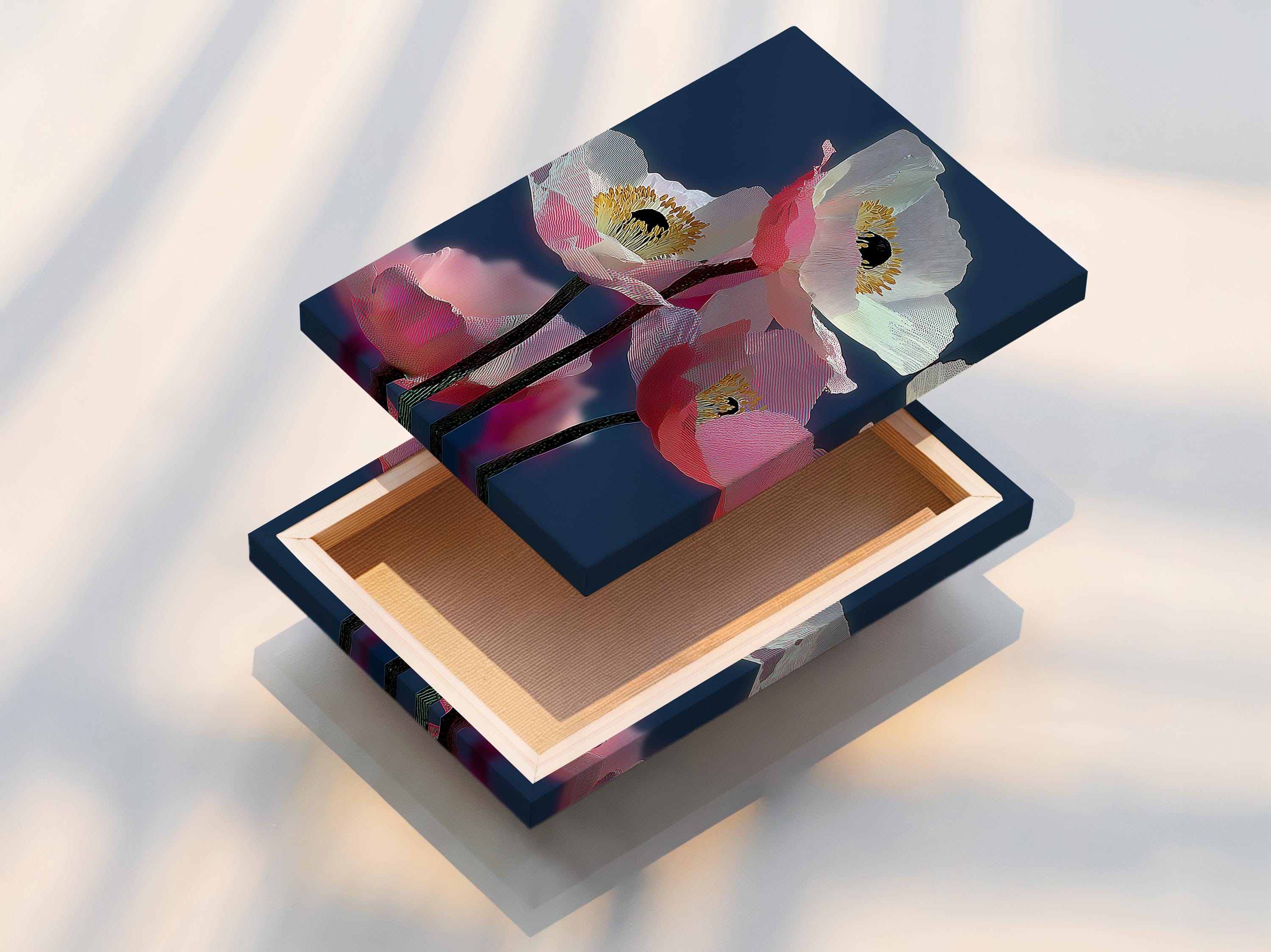 Room mockup showing a framed poppy flower artwork on a wall