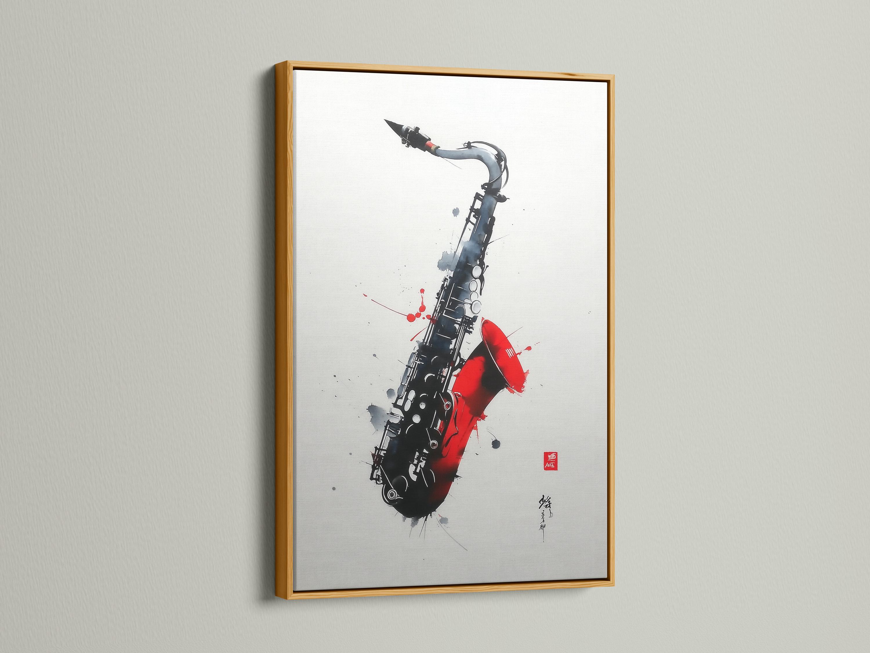 Red and black saxophone illustration with paint splatter marks on an off-white background detail view