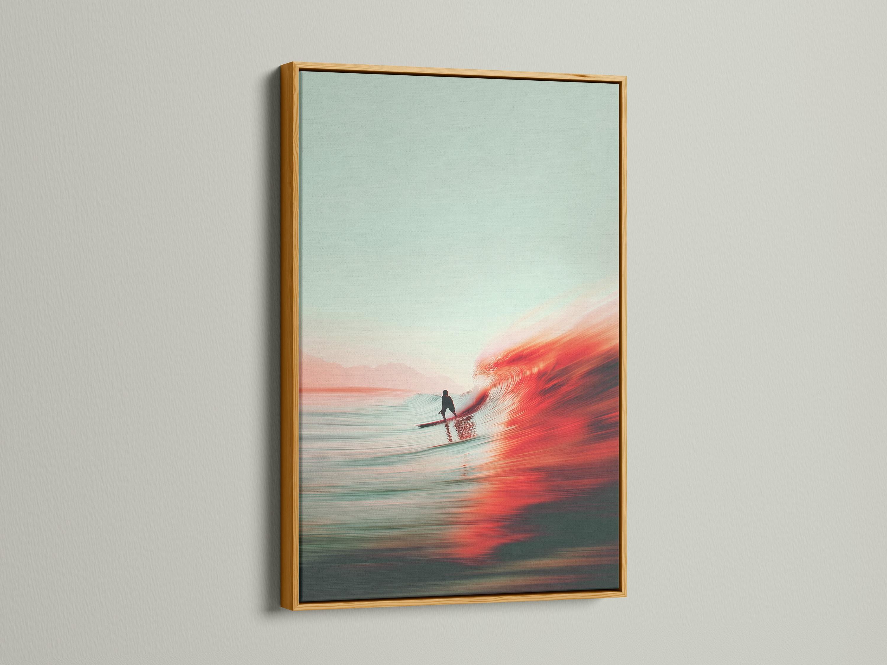 Seascape painting of a surfer riding a bright red wave at sunset over reflective ocean water detail view