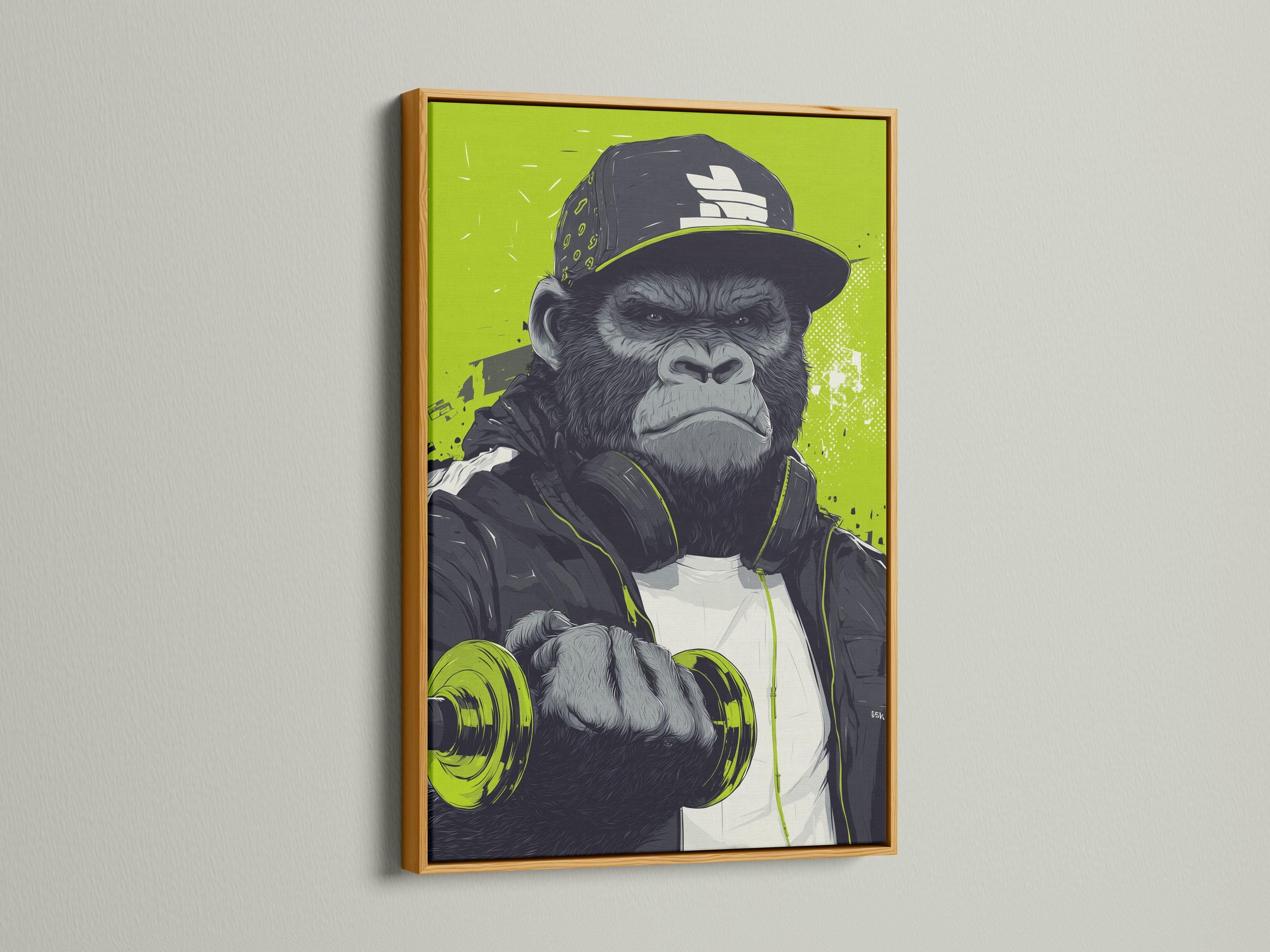 Mockup showing a framed gorilla barbell street-art image with a neon lime green background