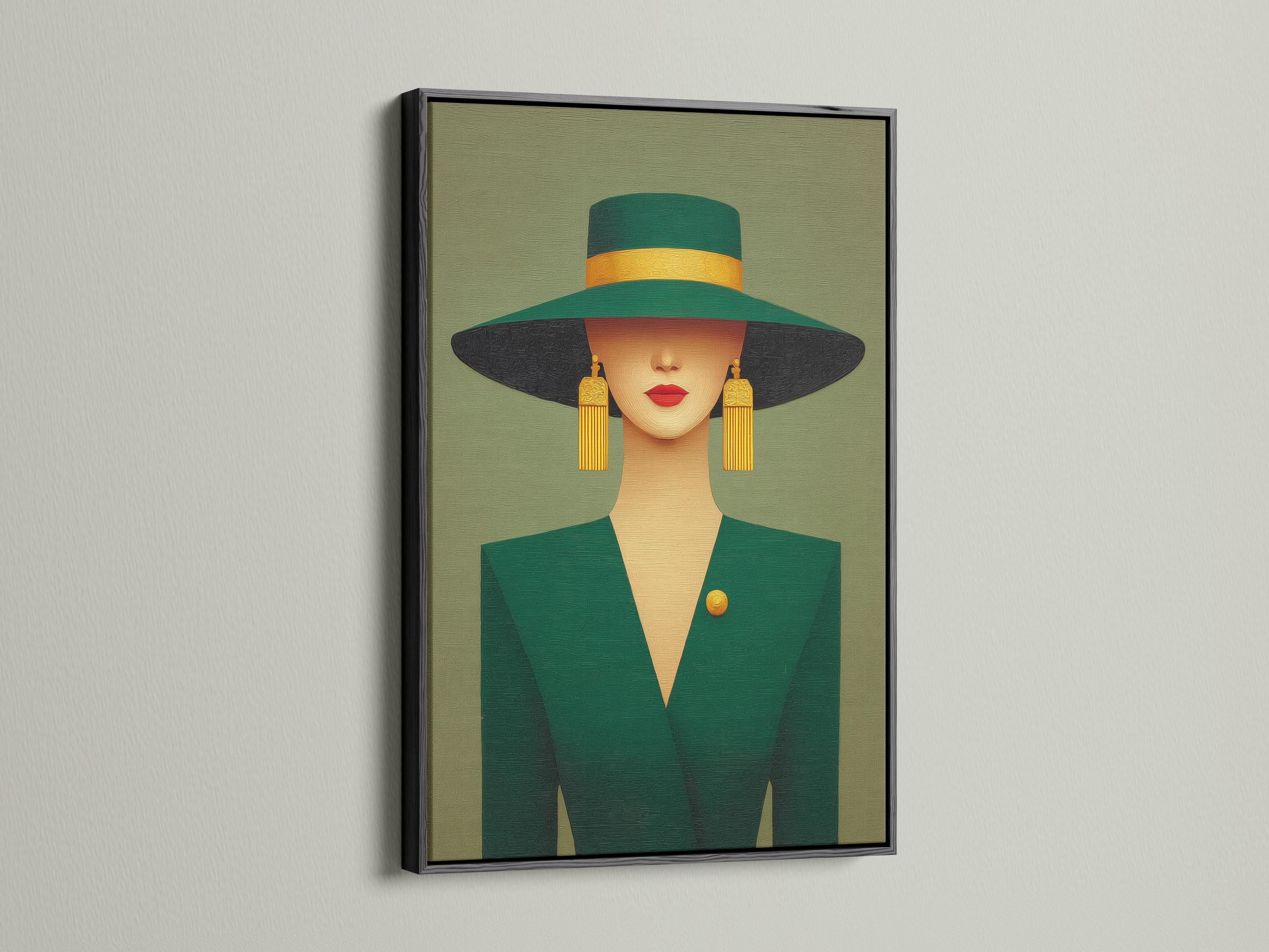 A stylised portrait of an elegant woman in a wide-brim hat, shown against a muted green background with gold accents and Art Deco-inspired shapes