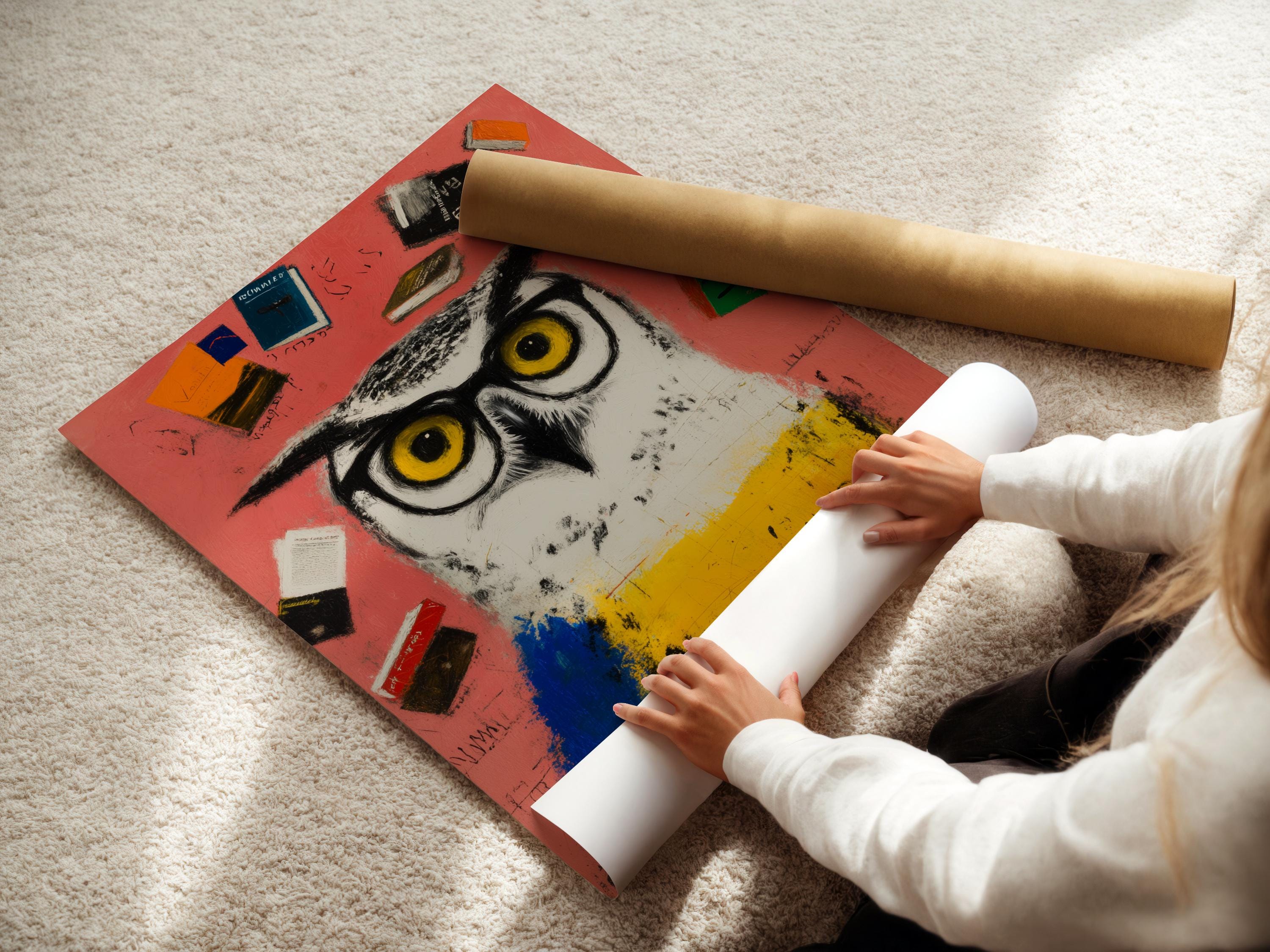 Stylised owl with large yellow eyes surrounded by illustrated books on a coral, blue and yellow background detail view
