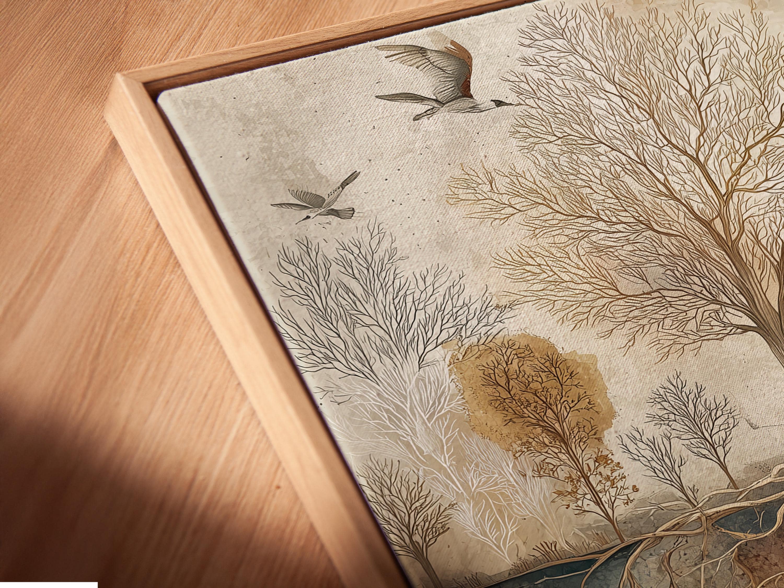Beige tree-of-life botanical illustration with exposed roots and birds flying detail view
