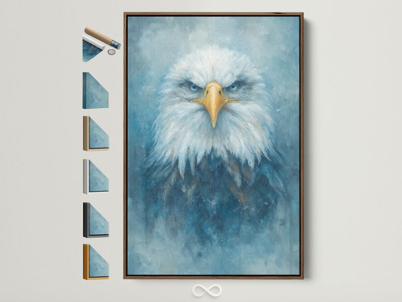 Blue and gold eagle portrait with radiating feathers on a textured teal background
