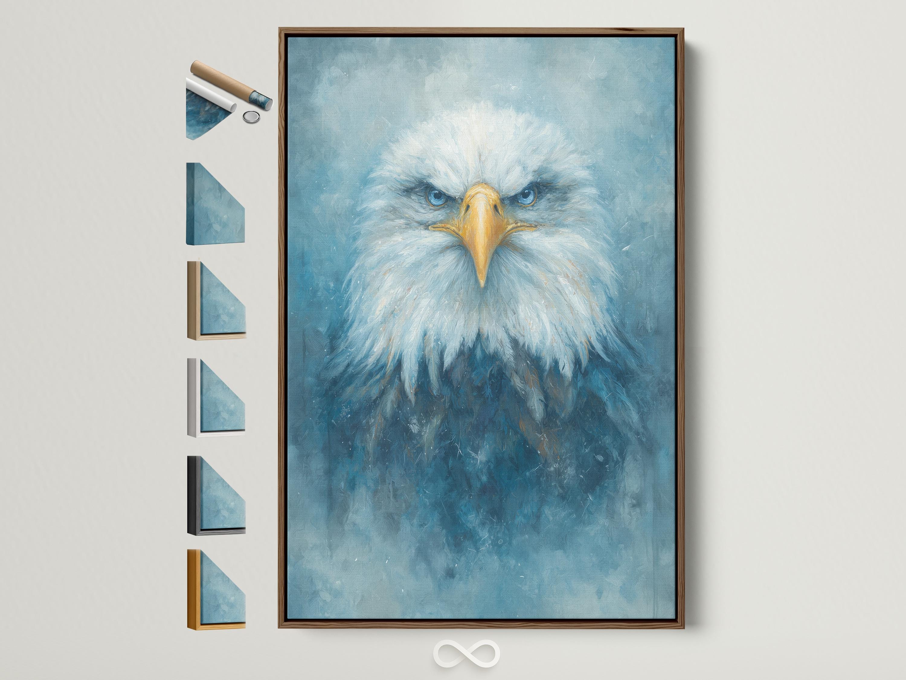 Blue and gold eagle portrait with radiating feathers on a textured teal background