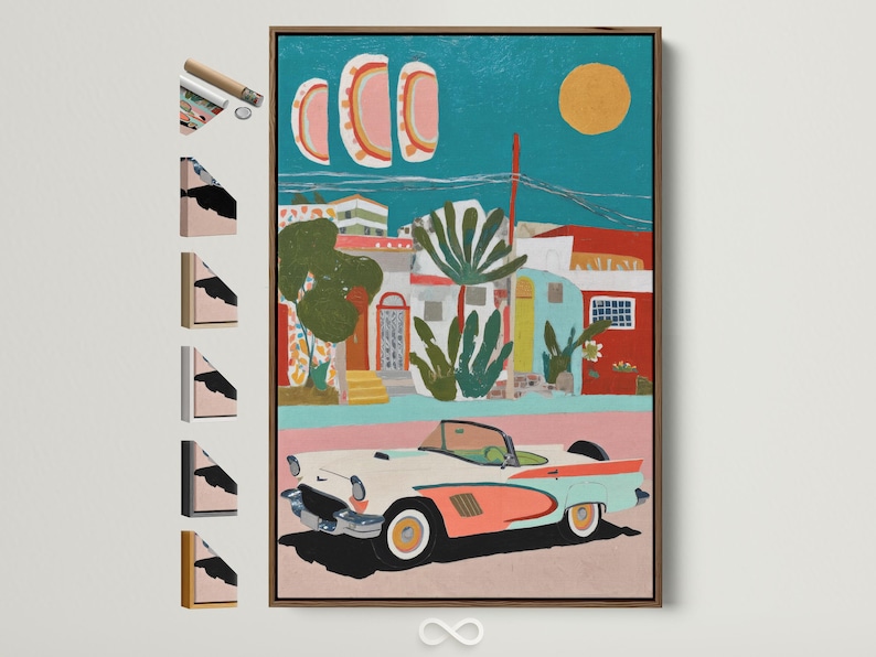 Retro car and coastal village artwork with teal sky and coral buildings