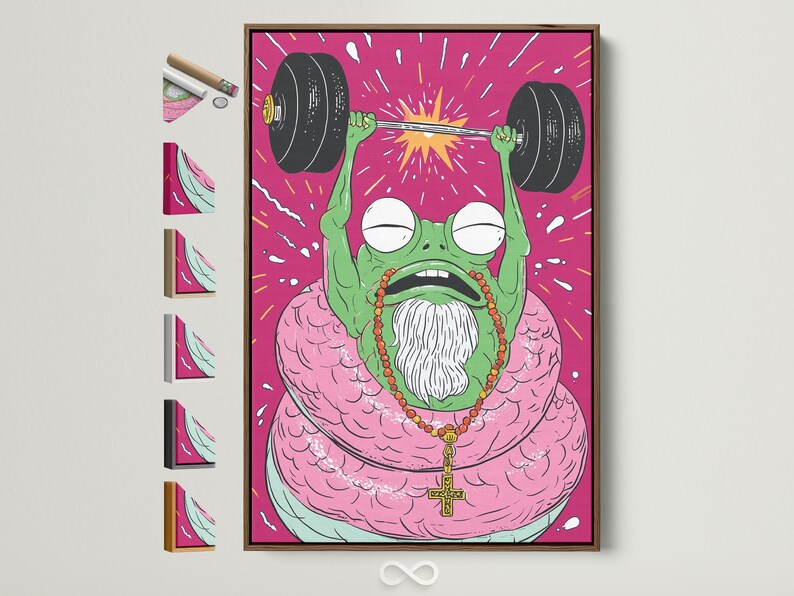 Cartoon frog weightlifter lifting dumbbells in a hot pink burst background