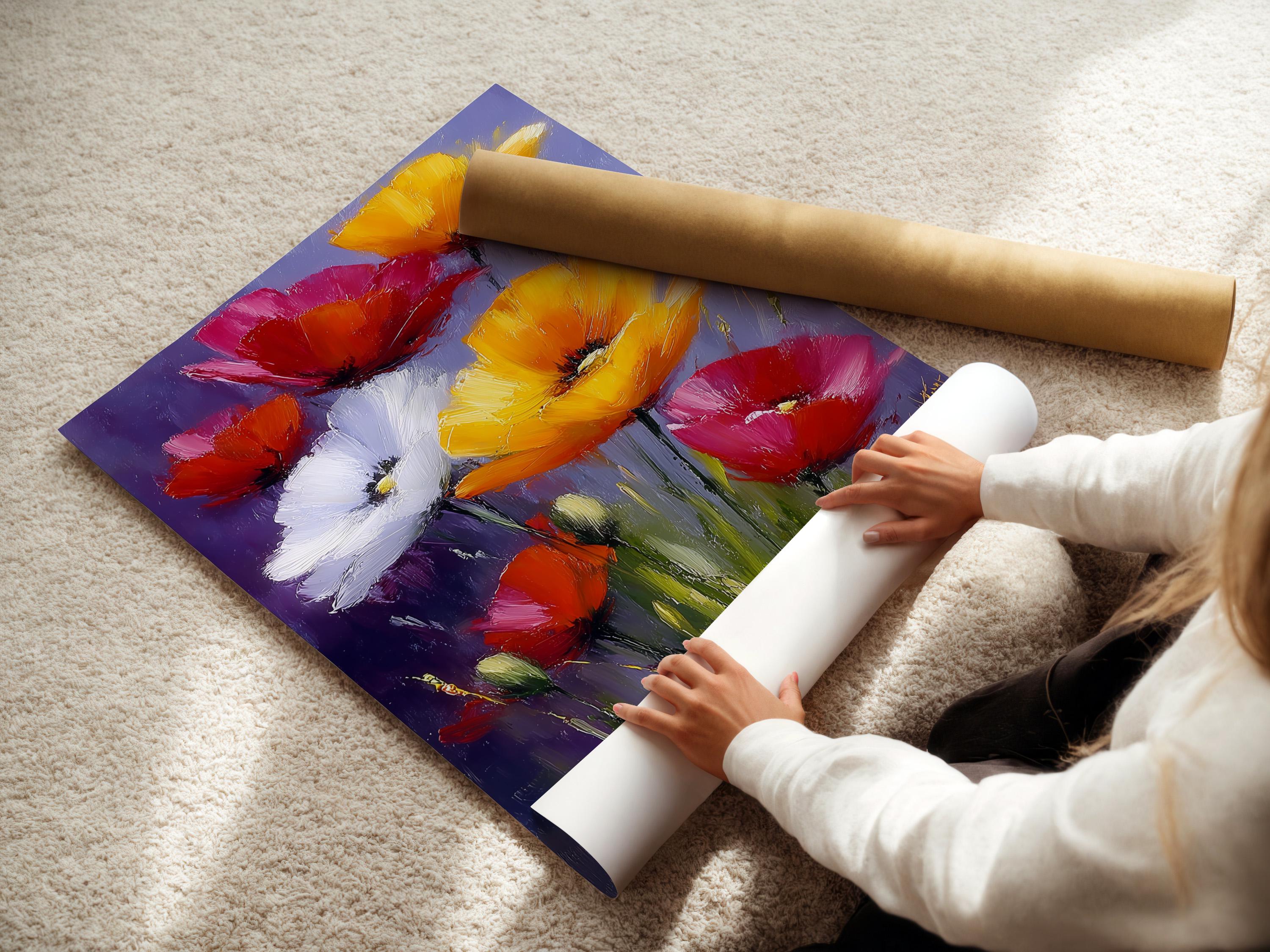 Floral artwork mockup showing a framed poppy bouquet on a light wall, with style variants on the left