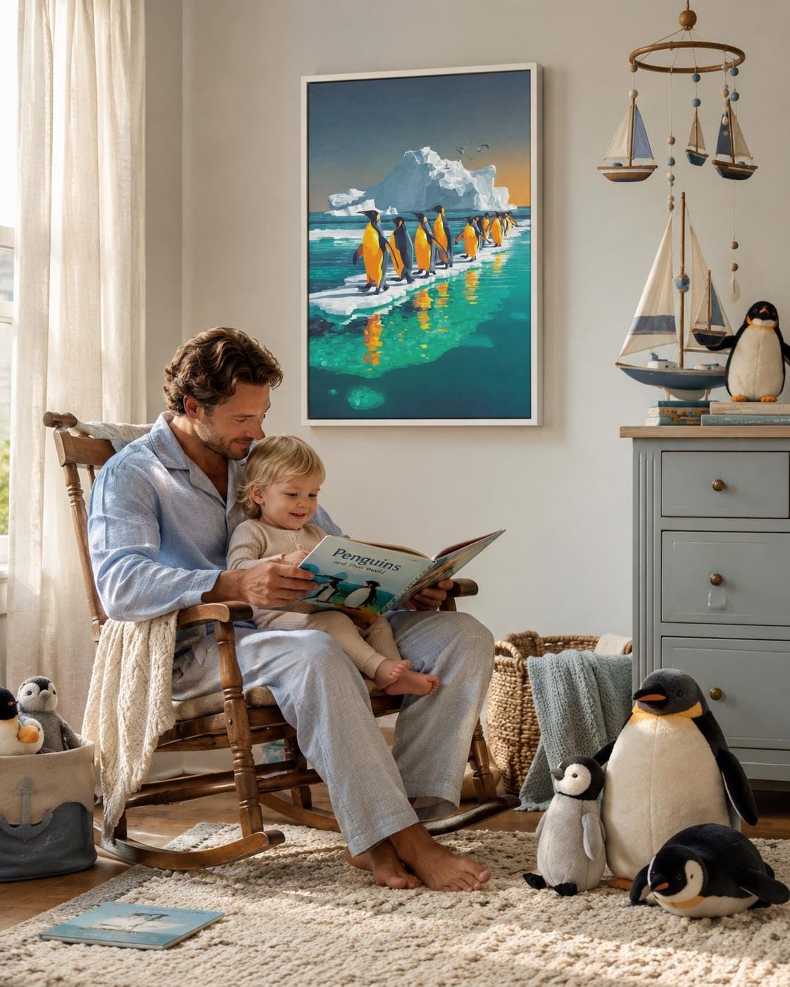 A person holding a camera stands near a framed penguin artwork in a light room