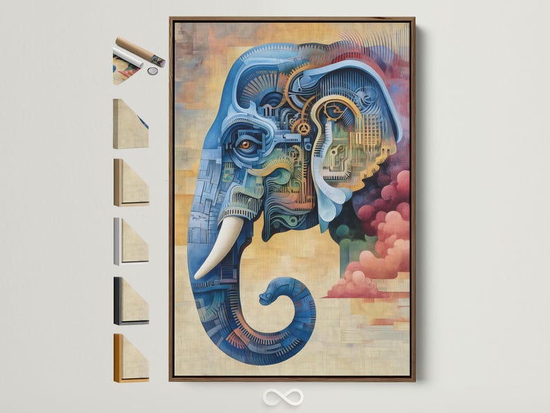 Steampunk-style elephant illustration in blue with gold gear details