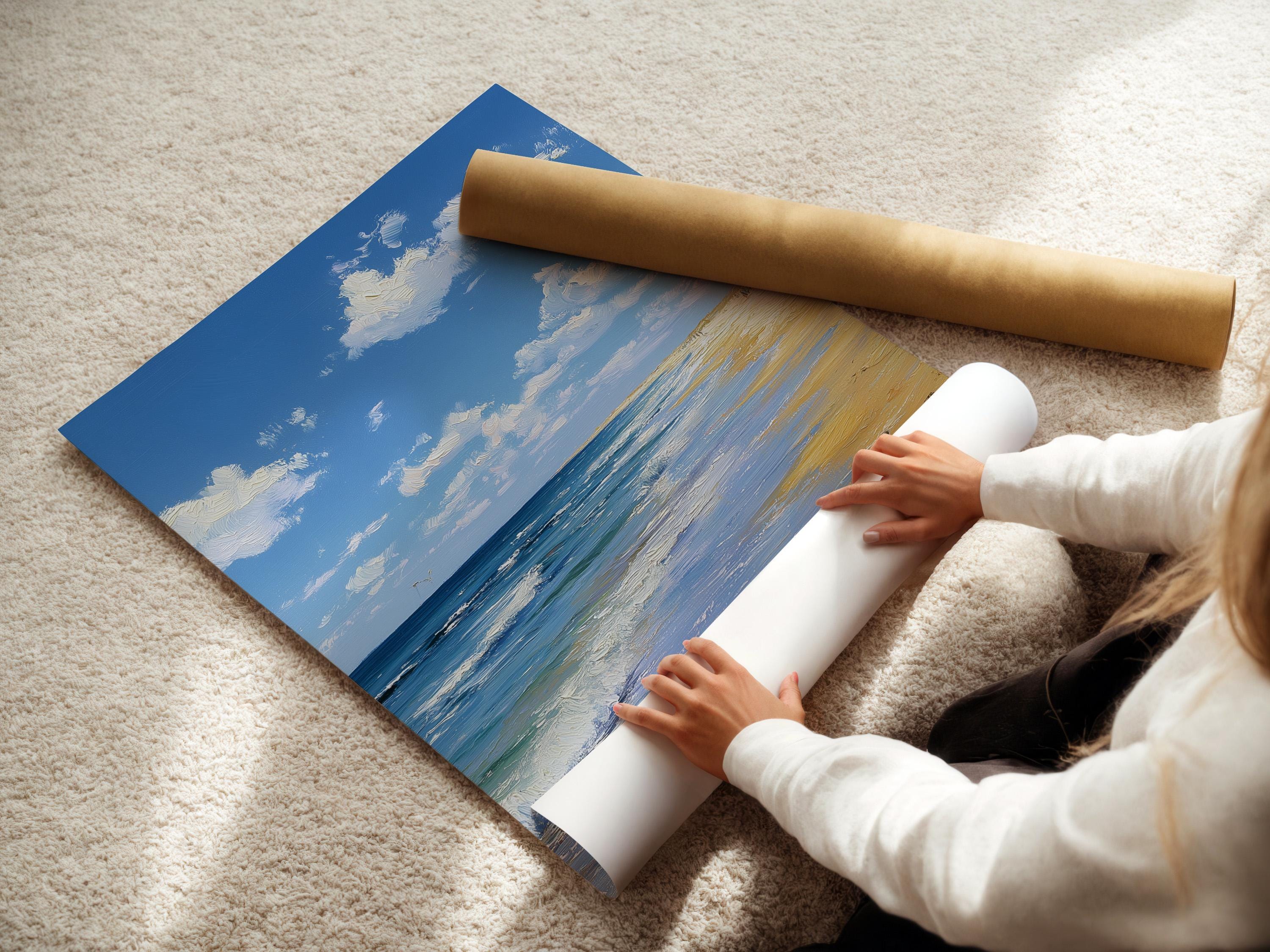 Room mockup showing a framed blue beach seascape artwork on a wall