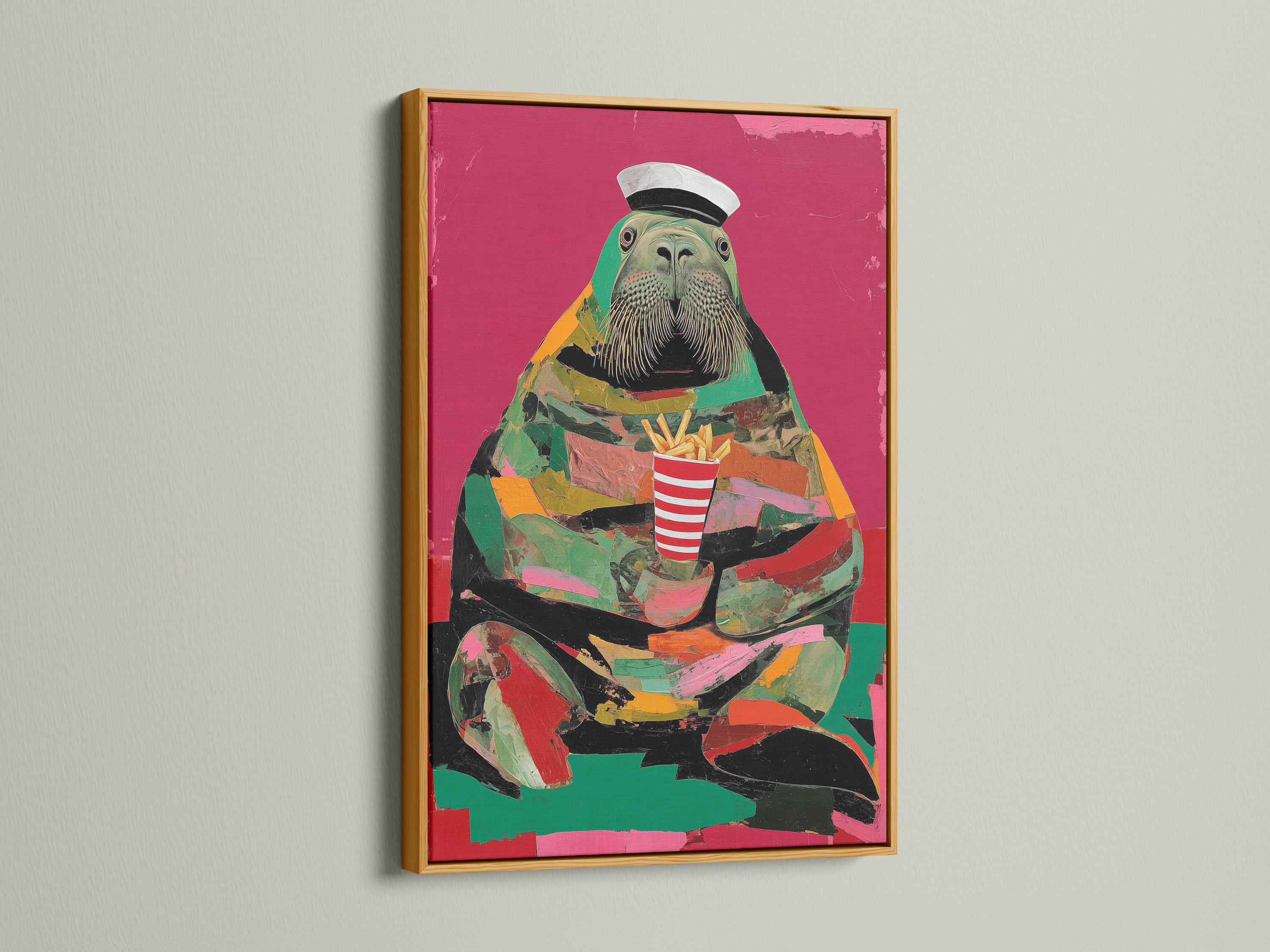 Stylised walrus wearing a captain hat with a striped cup of fries on a hot pink background detail view