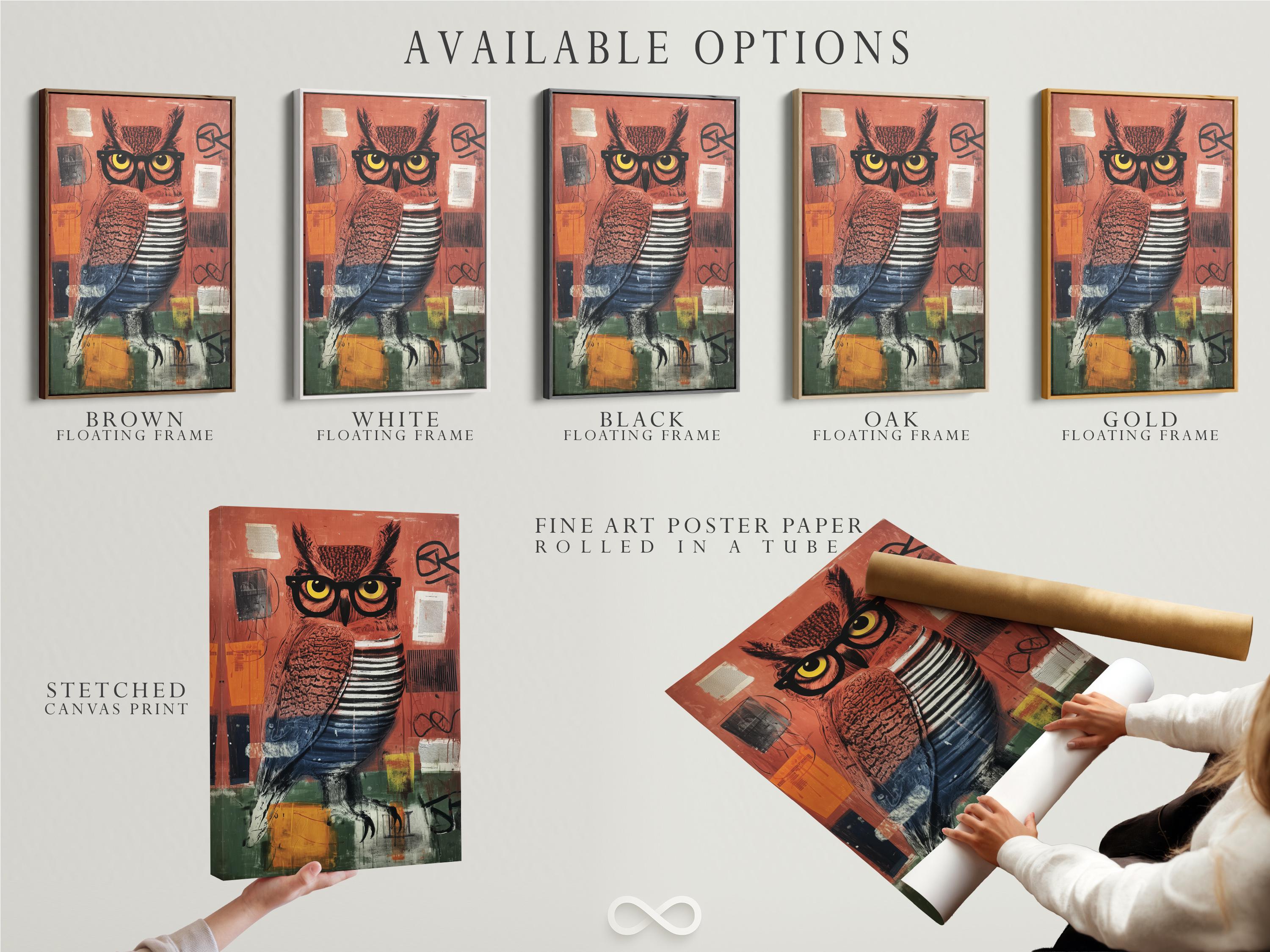 Stylised owl wearing oversized glasses in terracotta, teal and charcoal tones detail view