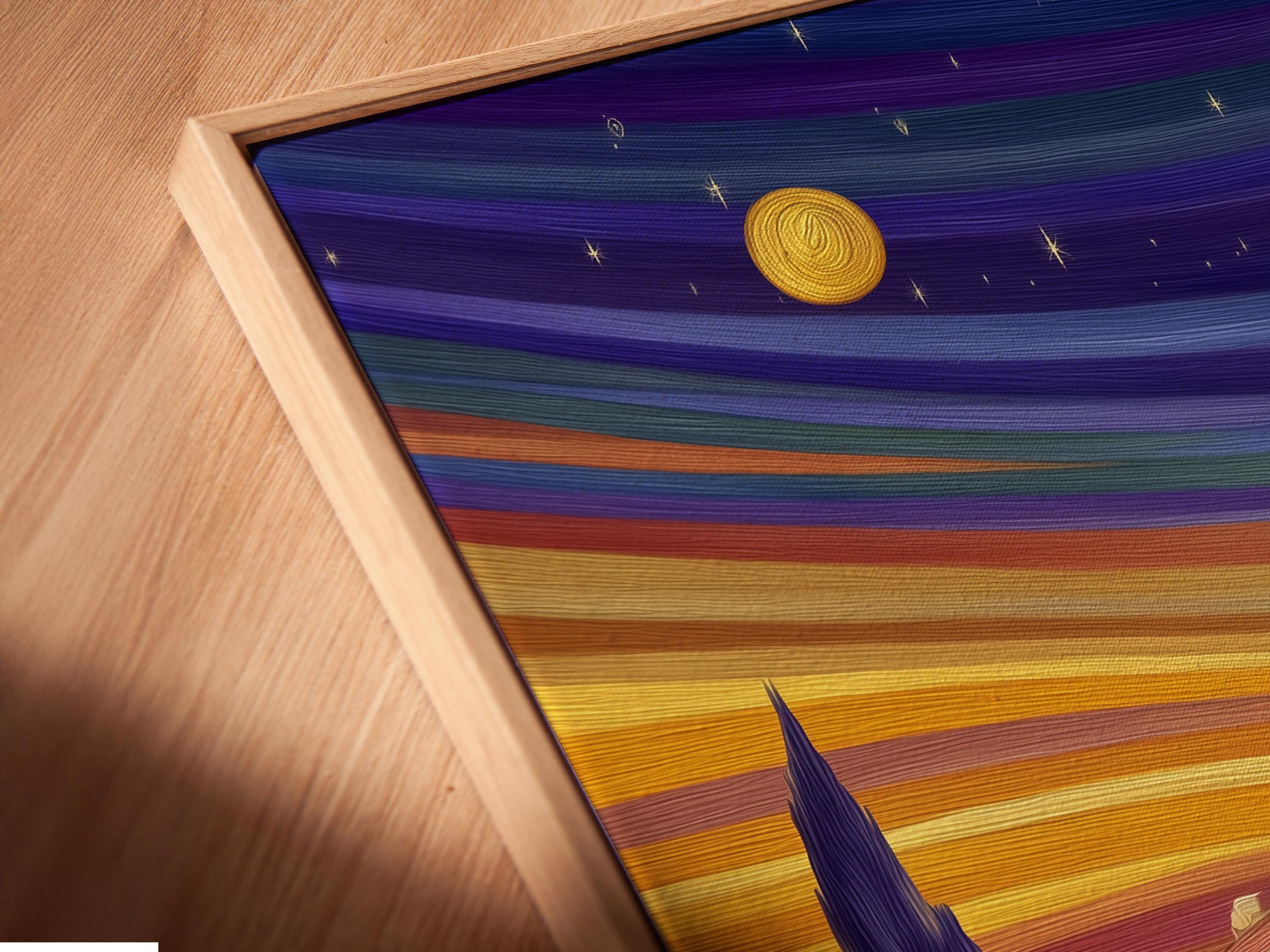 Stylised ancient temple scene with purple and gold sunset sky, stars, and cypress-like trees detail view