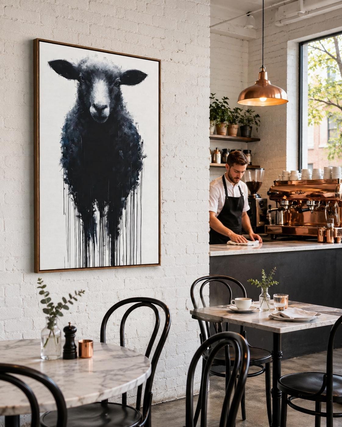 Sheep portrait artwork displayed in a bright industrial-style room