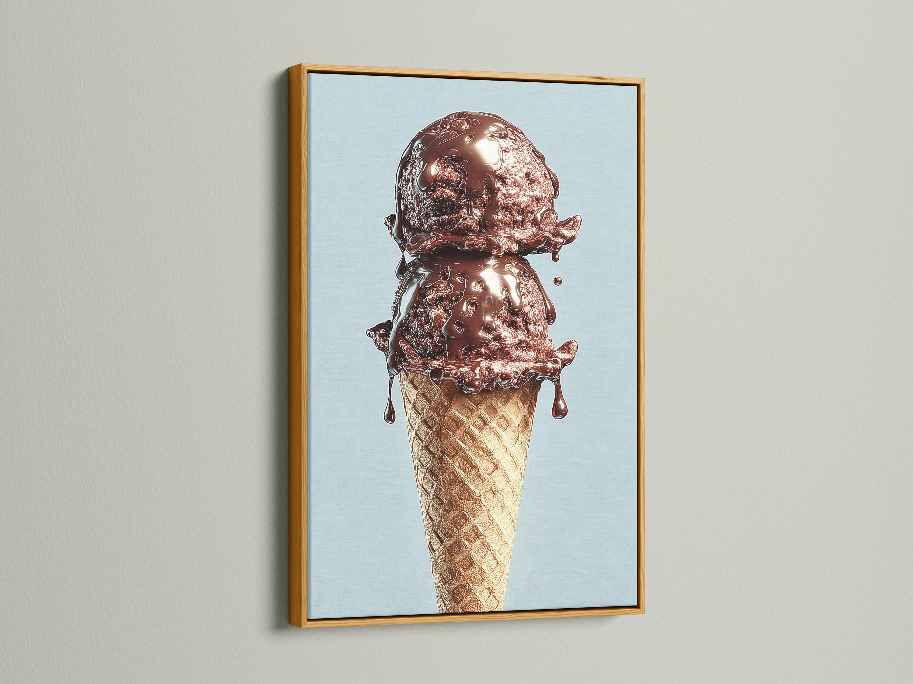 Chocolate ice cream cone illustration on a light blue background detail view