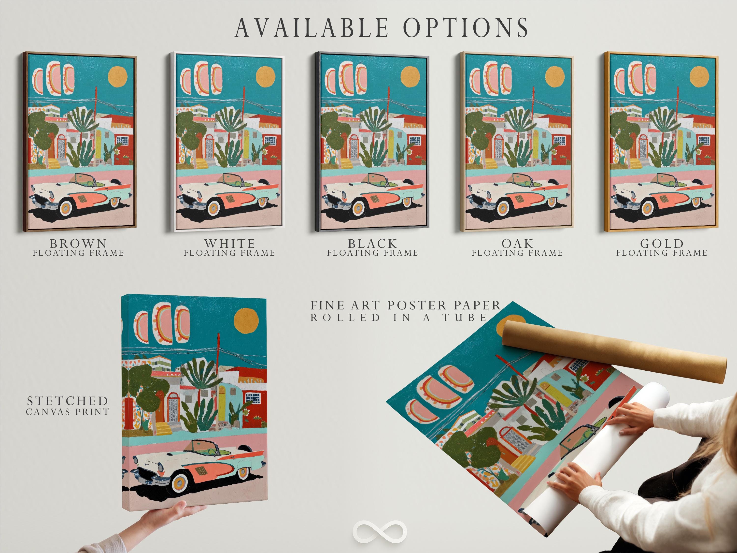Retro car and coastal village artwork with teal sky and coral buildings detail view