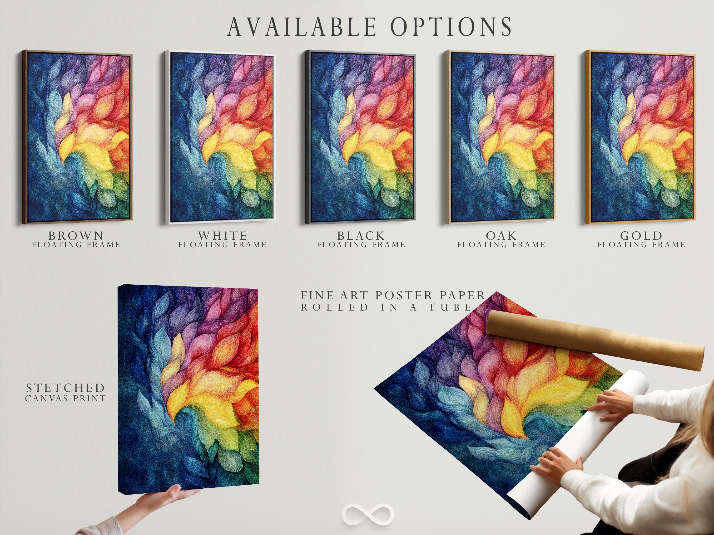 Person standing beside a framed rainbow abstract artwork in a bright room