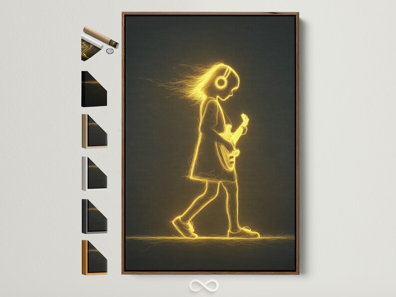 Neon gold outline guitar player with a glowing halo and electric guitar on a dark background
