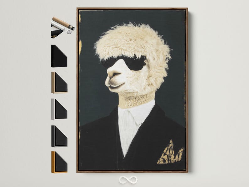 Stylised alpaca portrait in side profile wearing a dark suit and white shirt on a dark background with a small gold accent