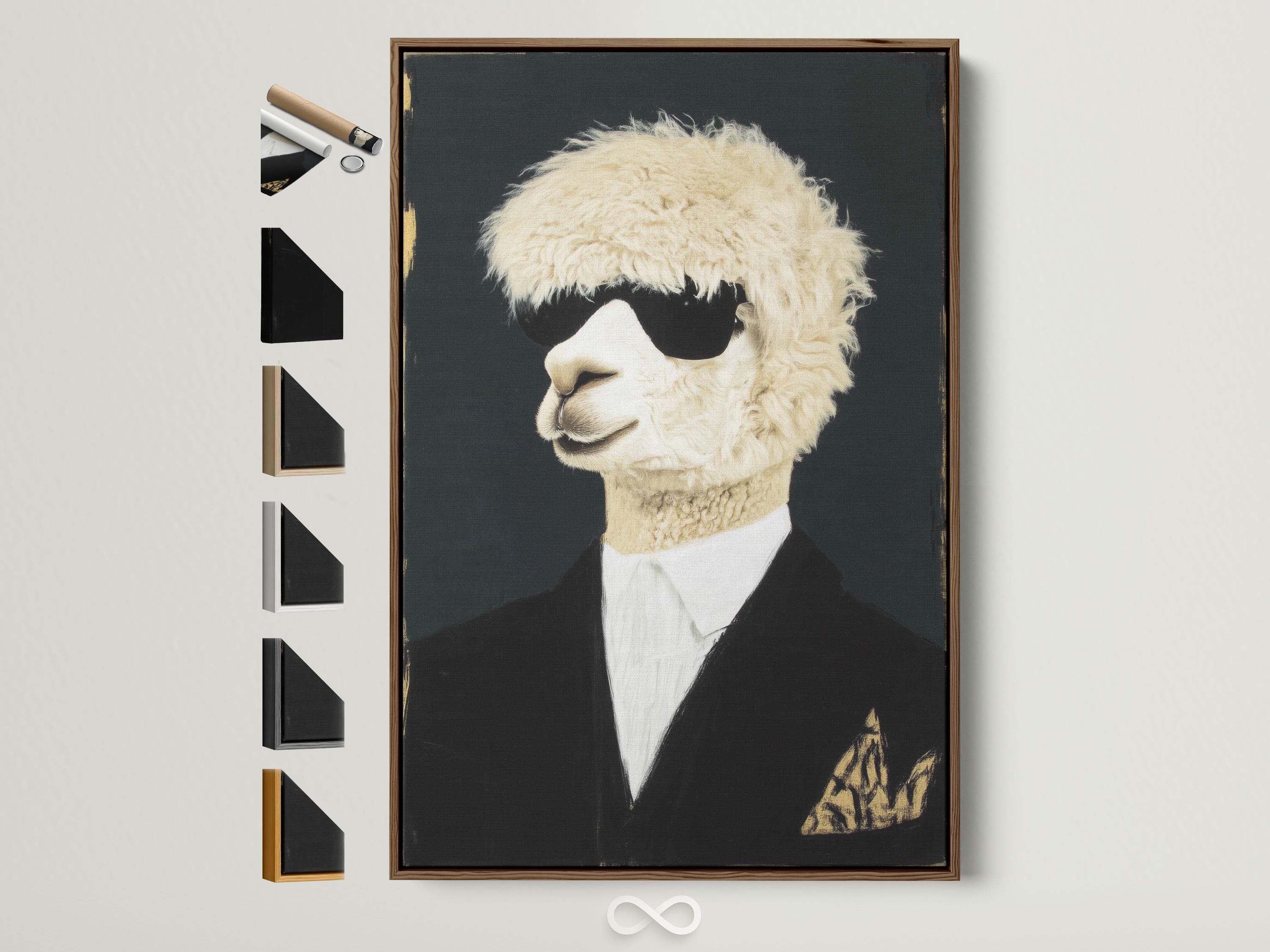Stylised alpaca portrait in side profile wearing a dark suit and white shirt on a dark background with a small gold accent