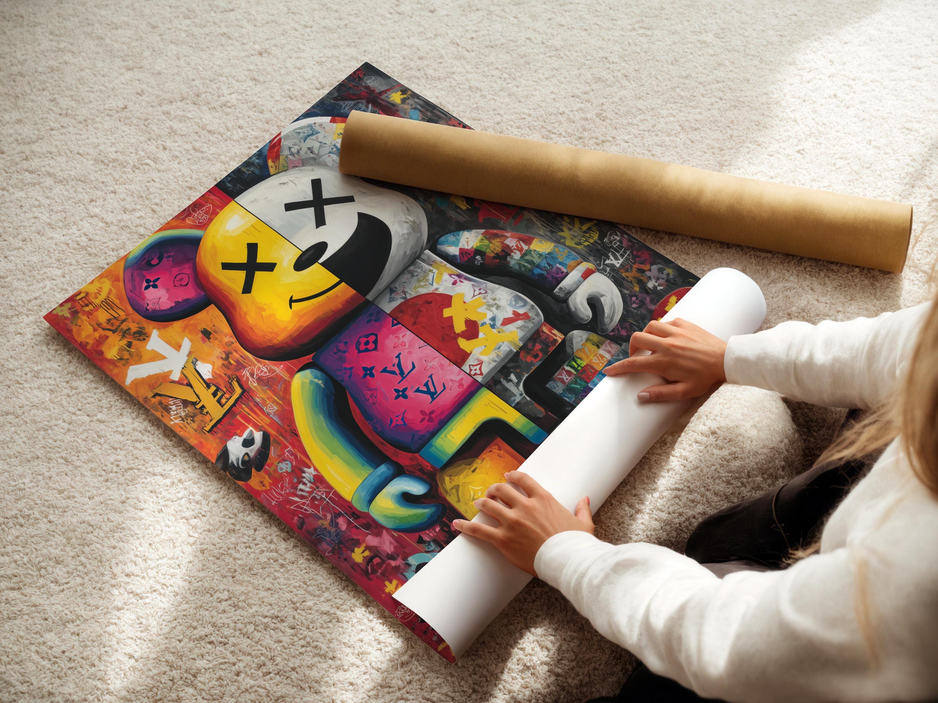 A bright pop-art style bear figure is shown amid graffiti-like colours and stickers, framed by bold black outlines and layered poster textures detail