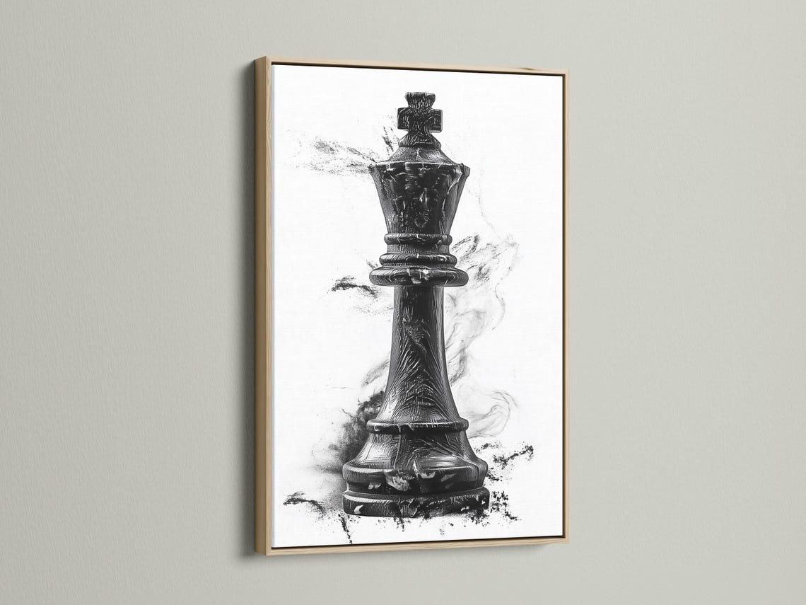 Black and white illustration of an upright chess piece with grey ink splatter marks detail view