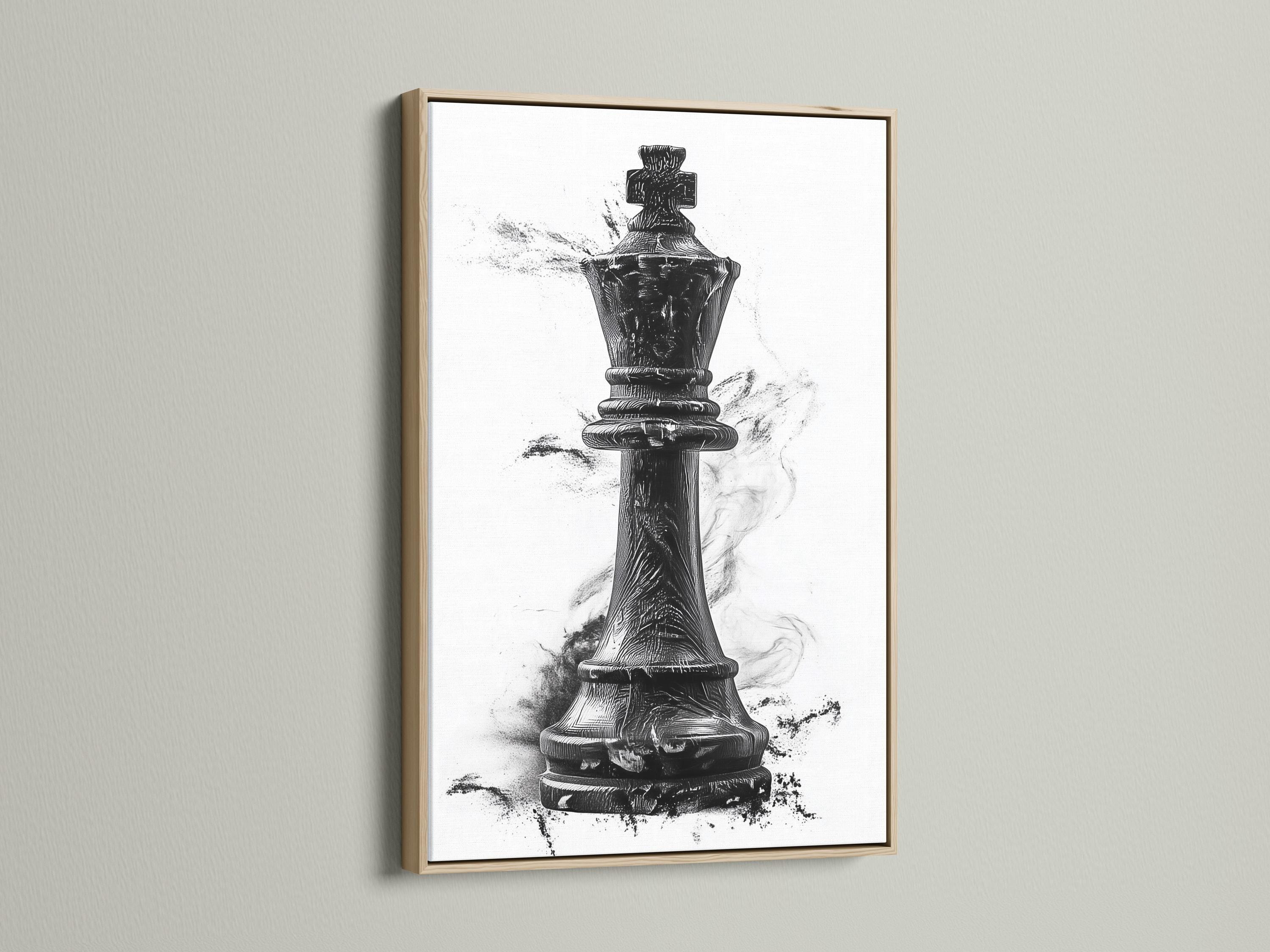 Black and white illustration of an upright chess piece with grey ink splatter marks detail view
