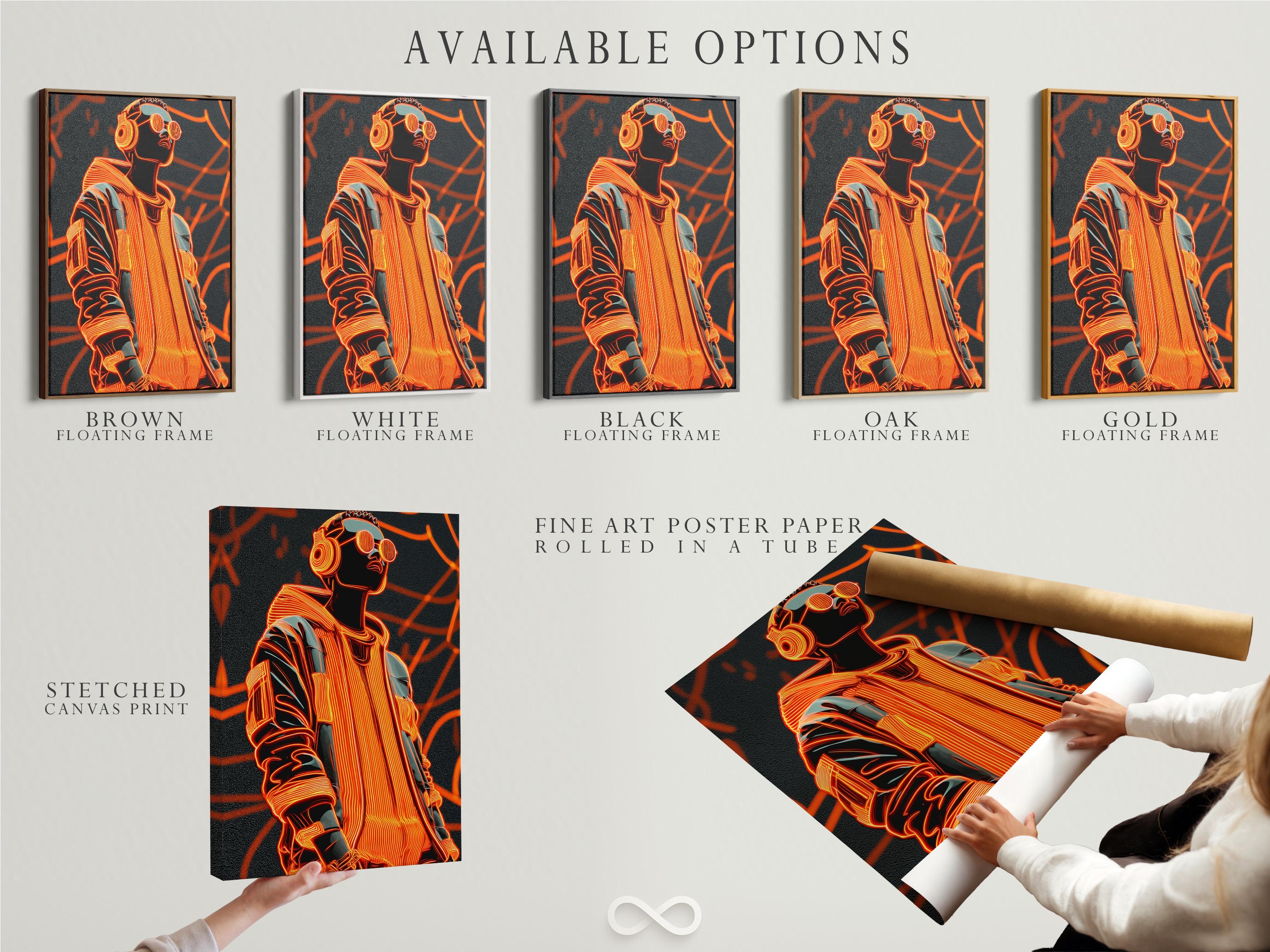 Portrait artwork mockup on a wall with dark grey and neon orange colours