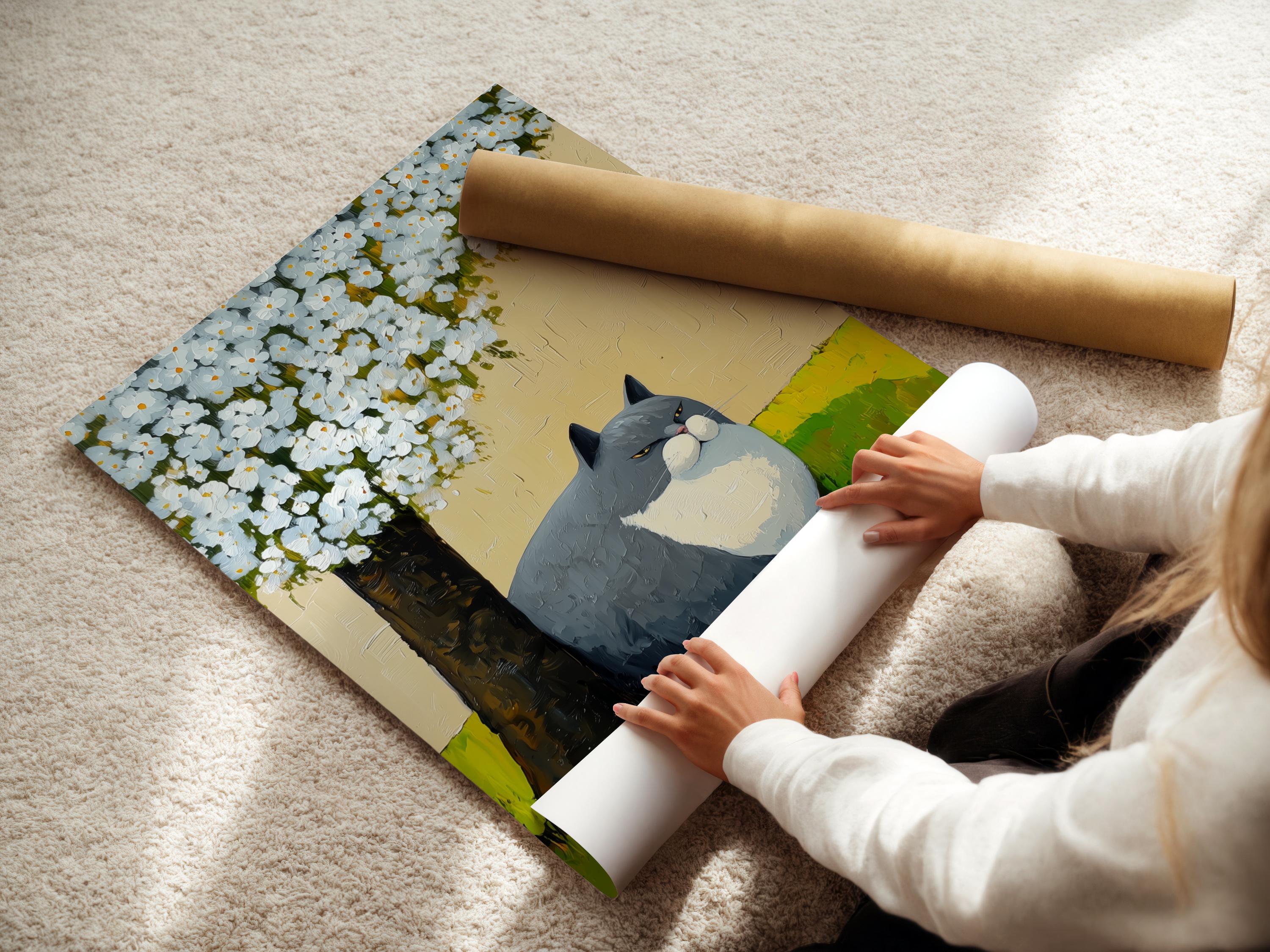 Grey and white cat lying on green grass beneath a tree with white blossoms detail view