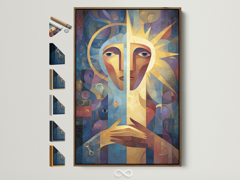 An abstract, geometric portrait of a woman-like face dominates the centre, with blue, gold and coral shapes layered across a textured background