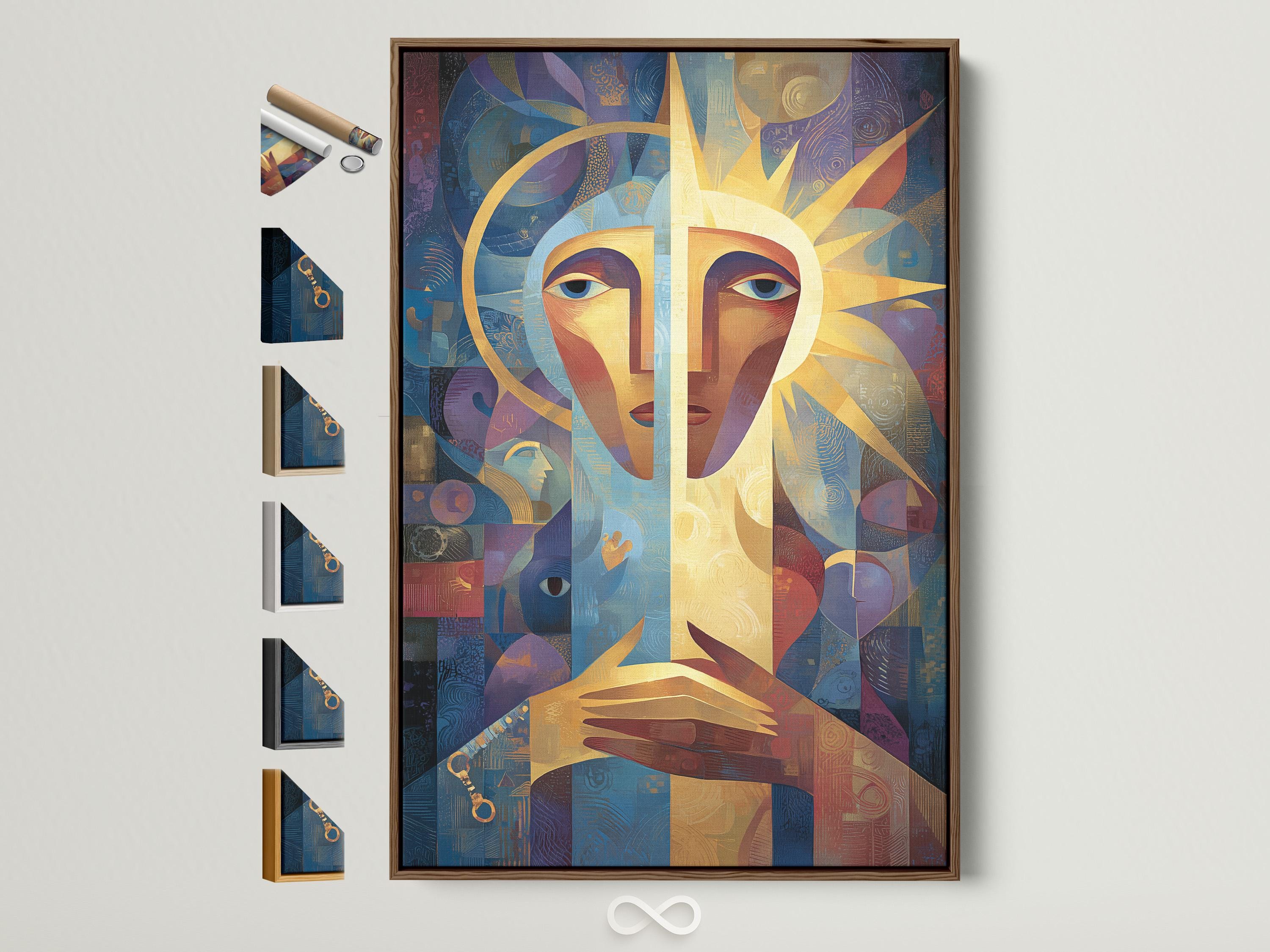 An abstract, geometric portrait of a woman-like face dominates the centre, with blue, gold and coral shapes layered across a textured background