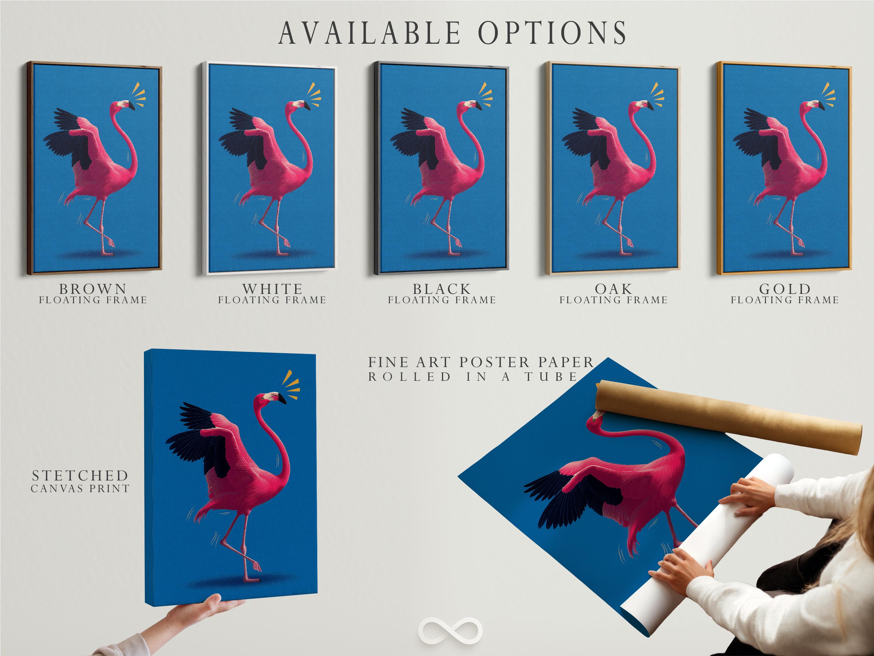 Stylised hot pink flamingo in profile on a vivid blue background with gold spark accents detail view