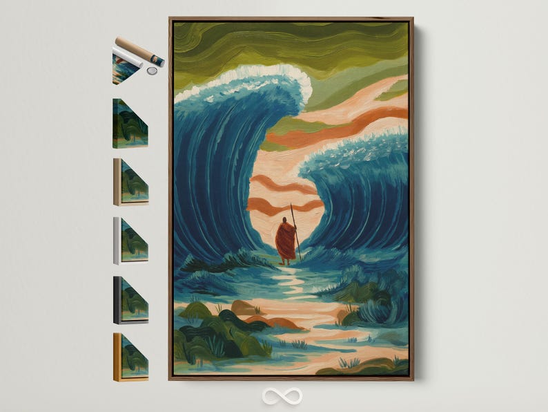 Painterly teal ocean scene with waves parting around a central figure holding a staff