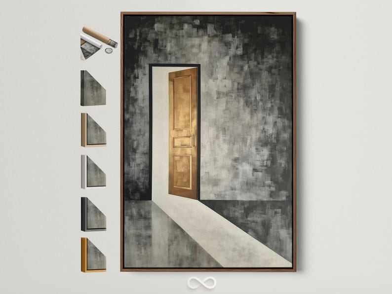 Abstract doorway with warm gold glow in a textured charcoal and grey corridor scene