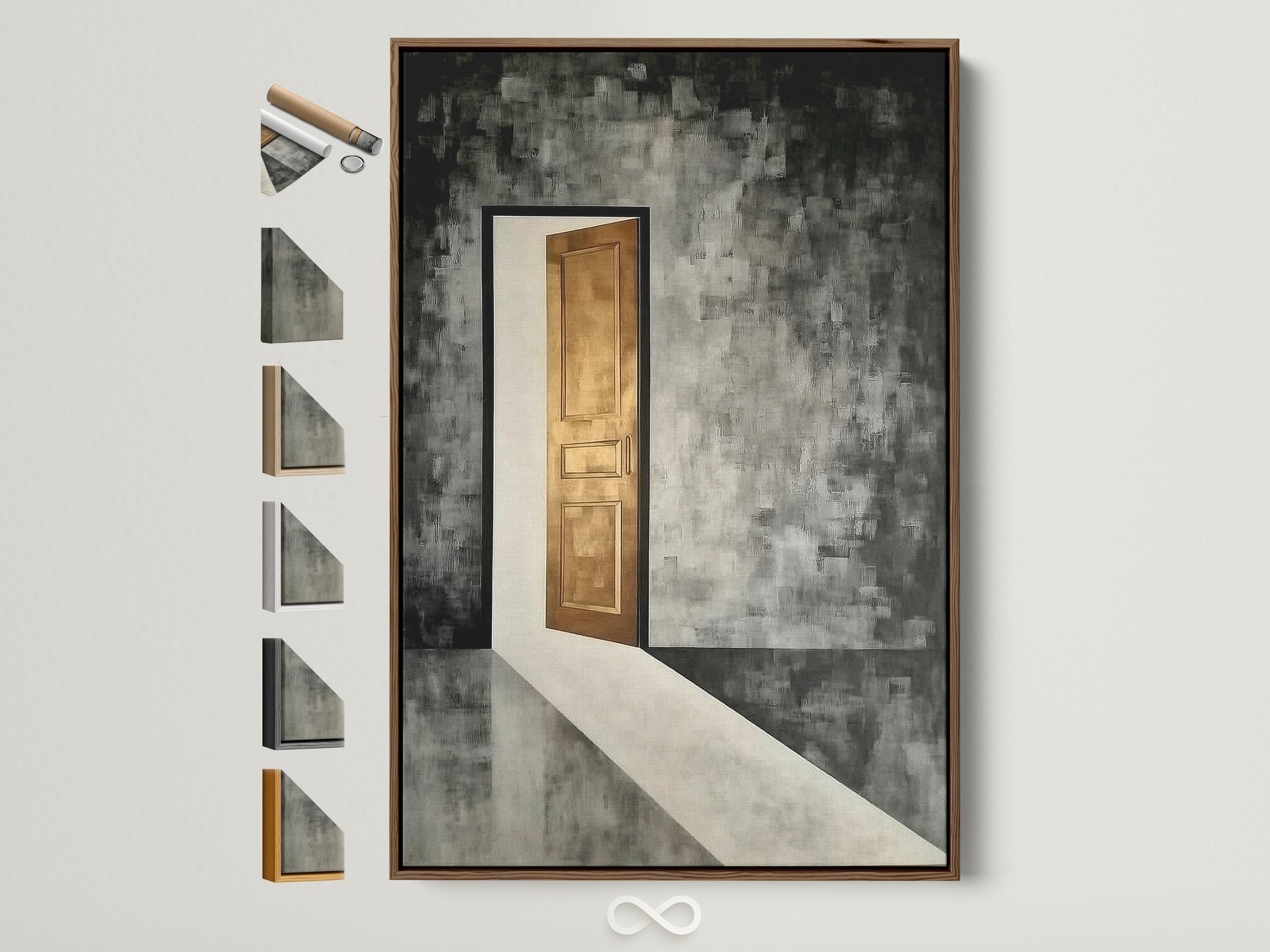 Abstract doorway with warm gold glow in a textured charcoal and grey corridor scene
