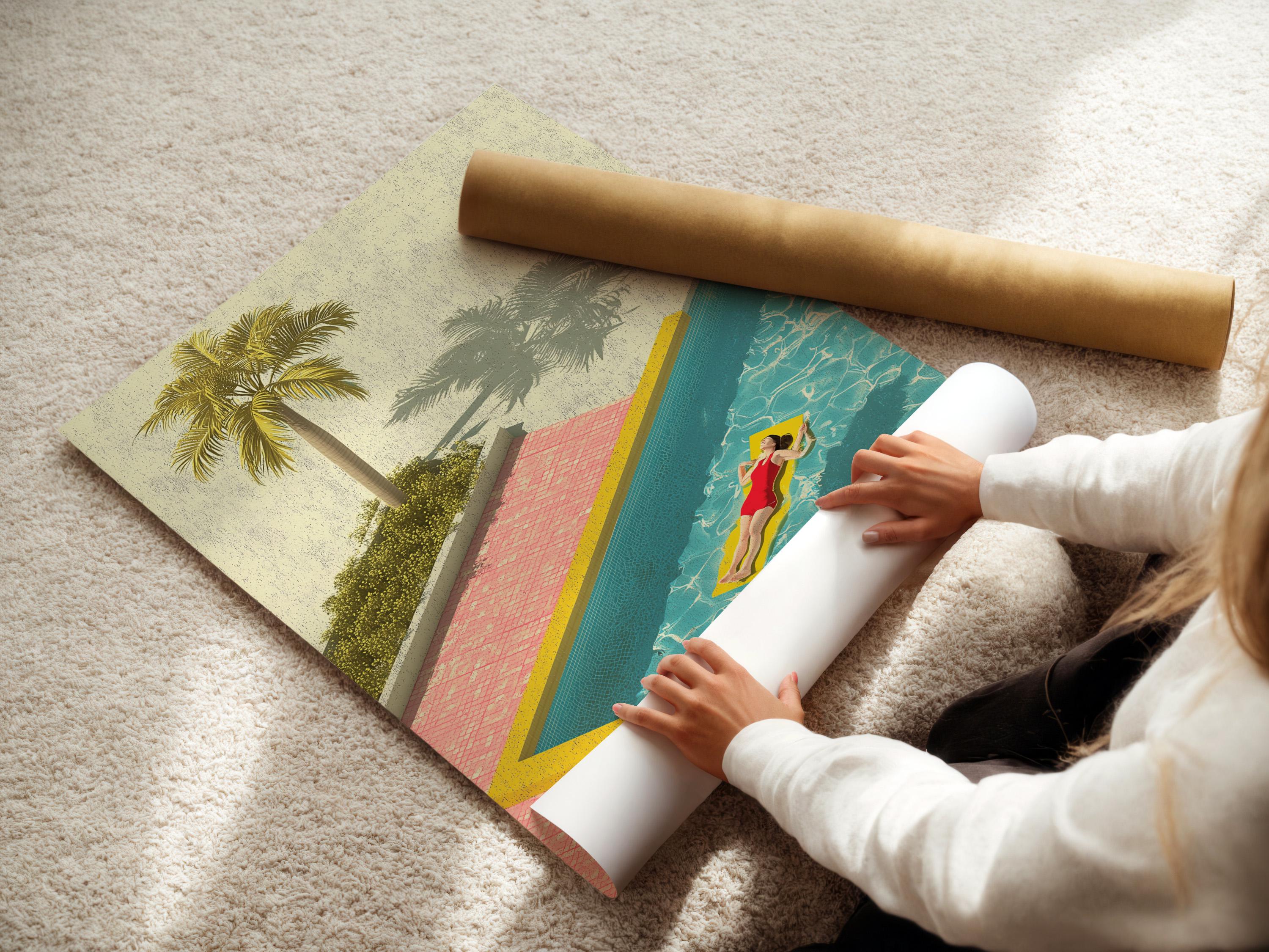 Retro poolside illustration with a tall palm tree, turquoise water, pink tiles, and a person relaxing on a float detail view