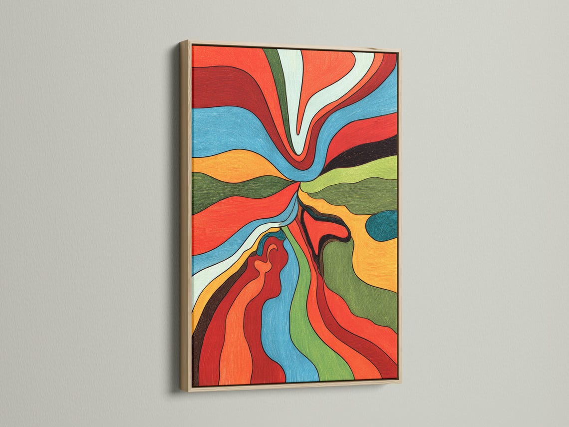 Room mockup featuring a framed abstract wave artwork in red, blue, green and orange
