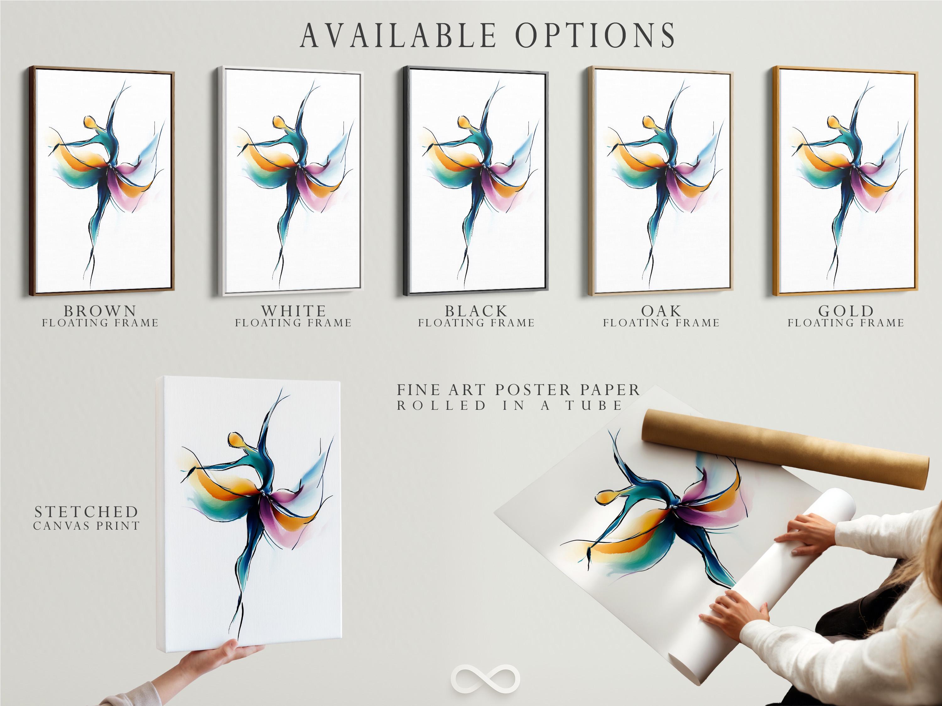 Woman stretching in a dance studio with a framed abstract dancer artwork on the wall